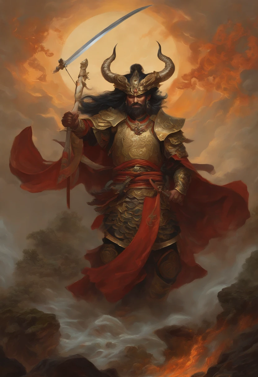 tmasterpiece，best qualtiy，超高分辨率，Detailed details，A painting of a man with a sword and a demon, beautiful male god of death, mohrbacher, inspired by Shunkōsai Hokushū, In the artistic style of Morebach, asura from chinese myth, the god of chaos, 详细的脸, Inspired by Ryūkōsai Jokei, in style of peter mohrbacher