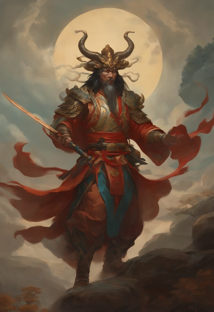 tmasterpiece，best qualtiy，超高分辨率，Detailed details，A painting of a man with a sword and a demon, beautiful male god of death, mohrbacher, inspired by Shunkōsai Hokushū, In the artistic style of Morebach, asura from chinese myth, the god of chaos, 详细的脸, Inspired by Ryūkōsai Jokei, in style of peter mohrbacher