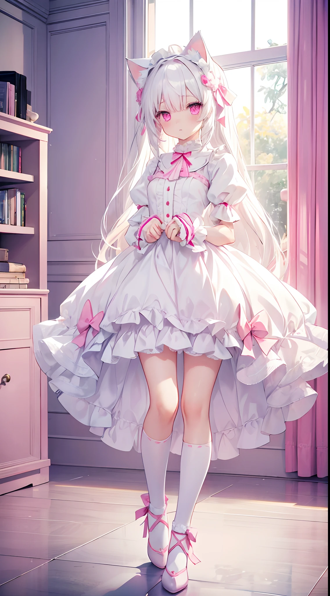 White hair，Cat's ears，Pink eyes，Light blue Lolita，white  panties，pink bows，inside in room,Beautiful and perfect legs, Clean and perfect hands