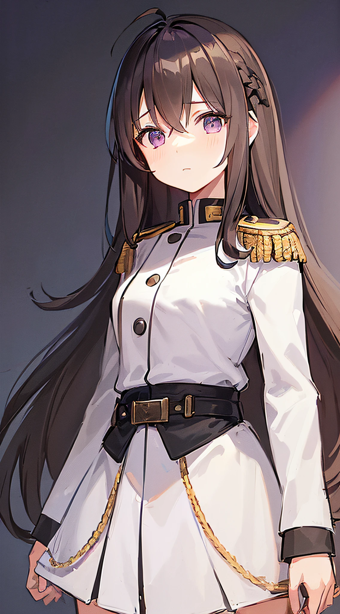 1girl, young girl, solo, a drawing of a young female military officer, (((****))), ((short height)), breasts, (((waist-length long brown hair))), ((side parted front hair)), ((purple eyes)), shy expression, ((ahoge)), ((((black and dark blue military officer uniform)))), ((military uniform decorations)), ((((white colour background)))), sci-fi, futuristic