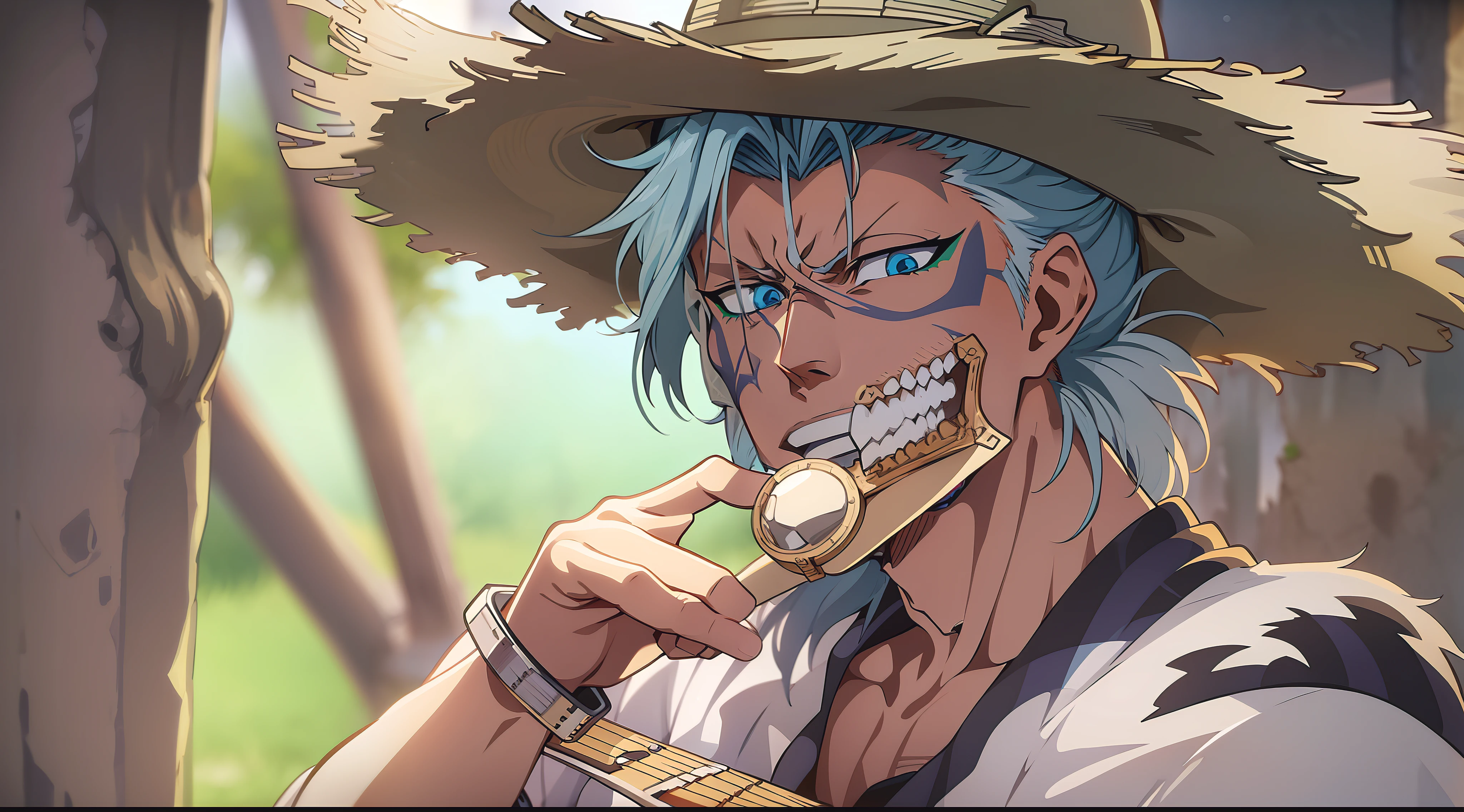 Grimmjow wearing a straw hat with a banjo on the Wild West of Hueco mundo, best quality, anime style, tite kubo style, bleach style