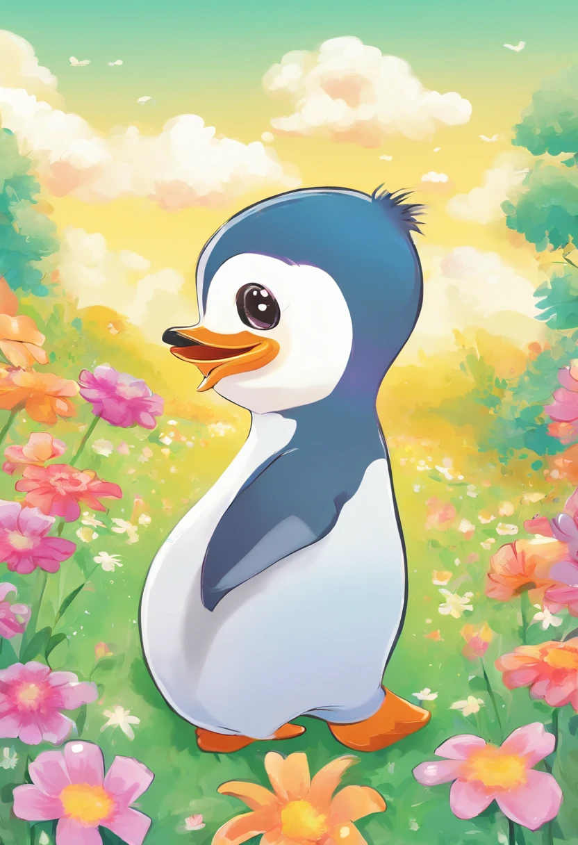 A penguin is running in the field, picture book-style, cute little, For children, bright colour, fluffly, a smile