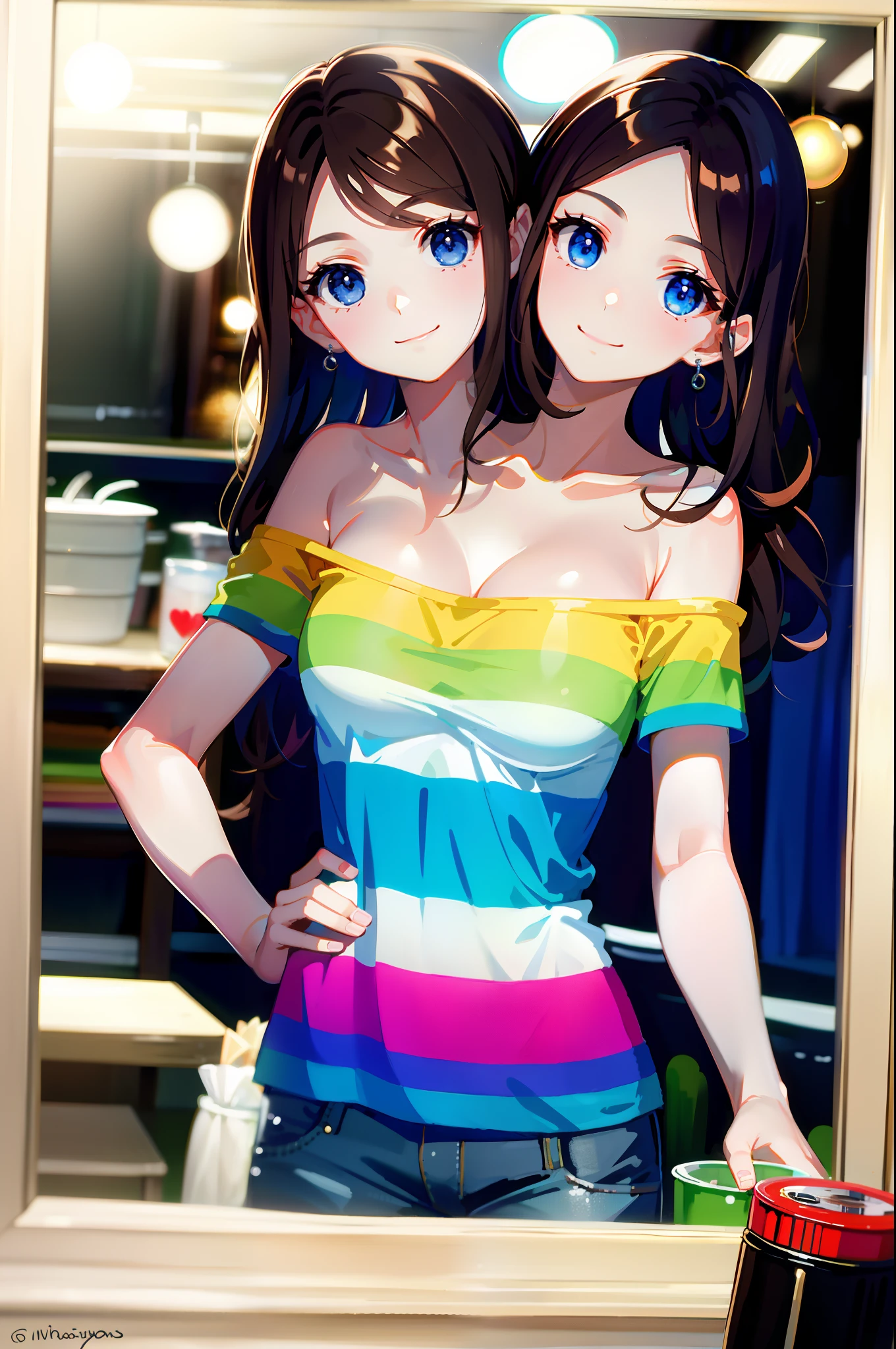 (masterpiece, best quality), best resolution, (2heads:1.5), 1girl, brown hair, blue eyes, relaxed, happy, rainbow striped t-shirt, taking a picture of herself in a mirror