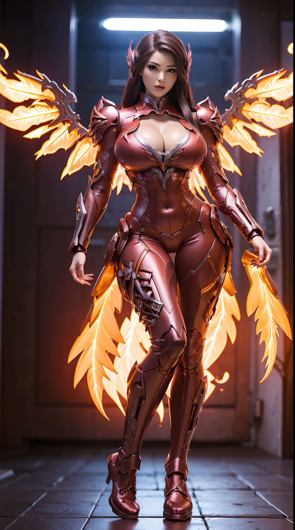 HUGE BOOBS, FIRE PHOENIX, MECHA ARMOR FULL SUIT, (CLEAVAGE), (A PAIR LARGEST WINGS), TRANSPARANT, TALL LEGS, STANDING, SEXY BODY, MUSCLE ABS.