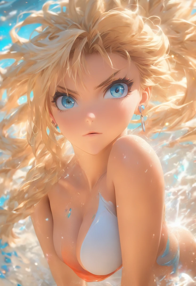 1 Girl Blond Hair Blue eyes big boobs, cute face sexy pose top and Rock, UHD, masterpiece, anatomically correct, textured skin, super detail, high details, high quality, best quality, highres, 8k