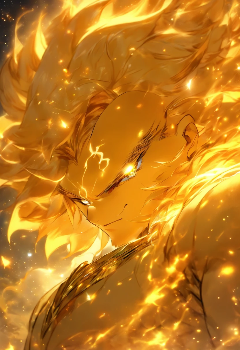 Erschaffe einen Mann mit einzigartigen Eigenschaften, inspired by the sign of Leo and the cosmological stars An artist's impression of the essence of this sign, with distinctive facial features and a mysterious aura, Hinterlassen Sie goldene Spuren von Gold und goldenen Lichtern, Yellowish hair like gold and a confident smile Make the pride of the zodiac sign Leo in its essence with a long, curly and voluminous hair as a representation of the mane clearly