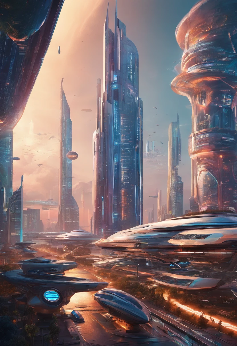 futuristic city with futuristic train and futuristic buildings at night, future concept art, otherwordly futuristic city, in fantasy sci - fi city, beautiful city of the future, futuristic utopian city, concept art 8 k resolution, concept art 8k resolution, city of the future, futuristic space port, concept art 8 k, sci-fi hollywood concept art