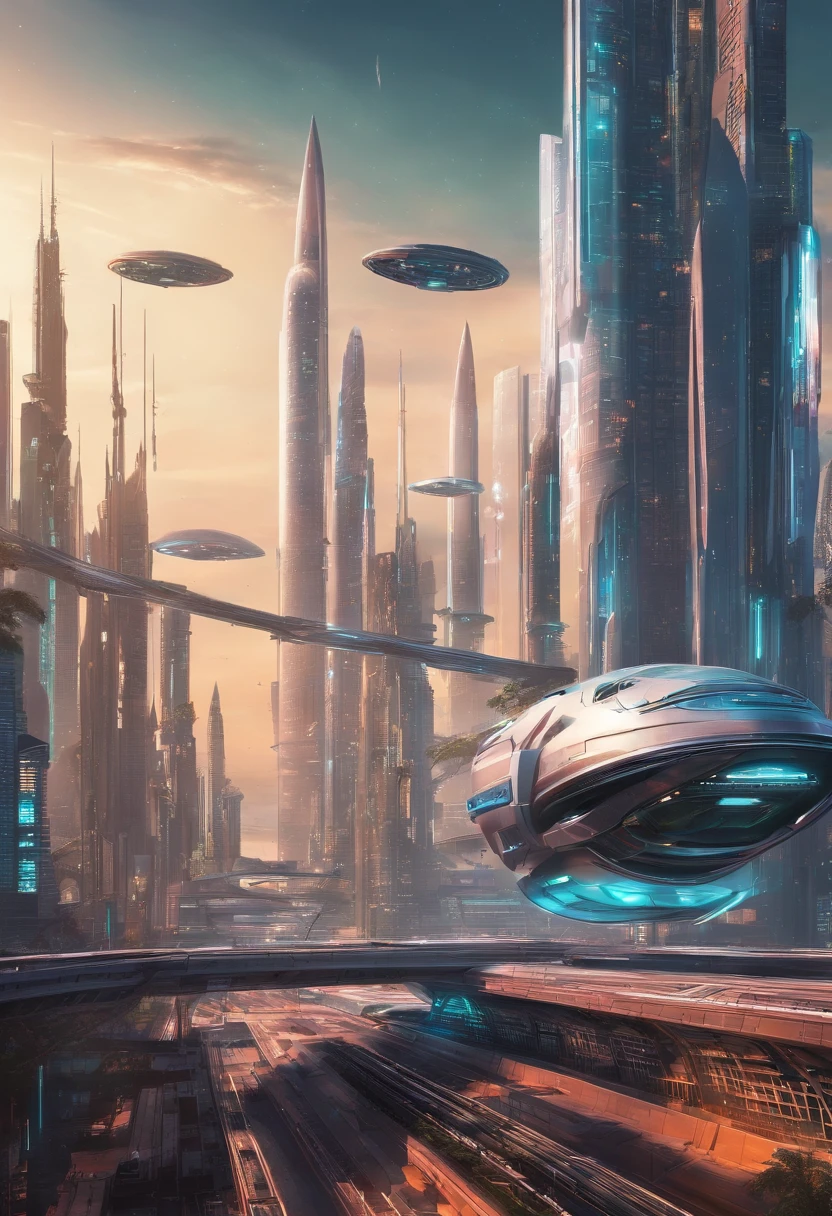 futuristic city with futuristic train and futuristic buildings at night, future concept art, otherwordly futuristic city, in fantasy sci - fi city, beautiful city of the future, futuristic utopian city, concept art 8 k resolution, concept art 8k resolution, city of the future, futuristic space port, concept art 8 k, sci-fi hollywood concept art