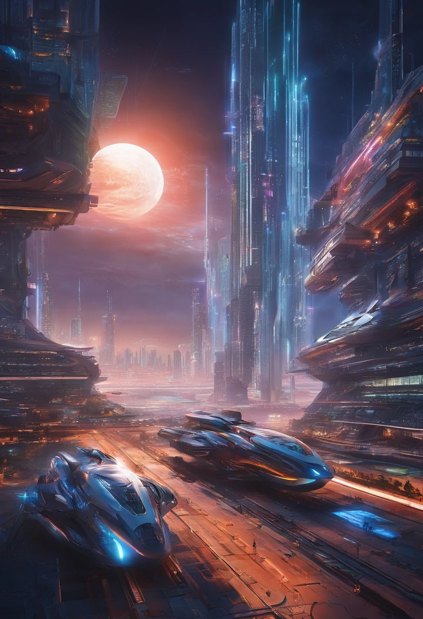 futuristic city with futuristic train and futuristic buildings at night, future concept art, otherwordly futuristic city, in fantasy sci - fi city, beautiful city of the future, futuristic utopian city, concept art 8 k resolution, concept art 8k resolution, city of the future, futuristic space port, concept art 8 k, sci-fi hollywood concept art