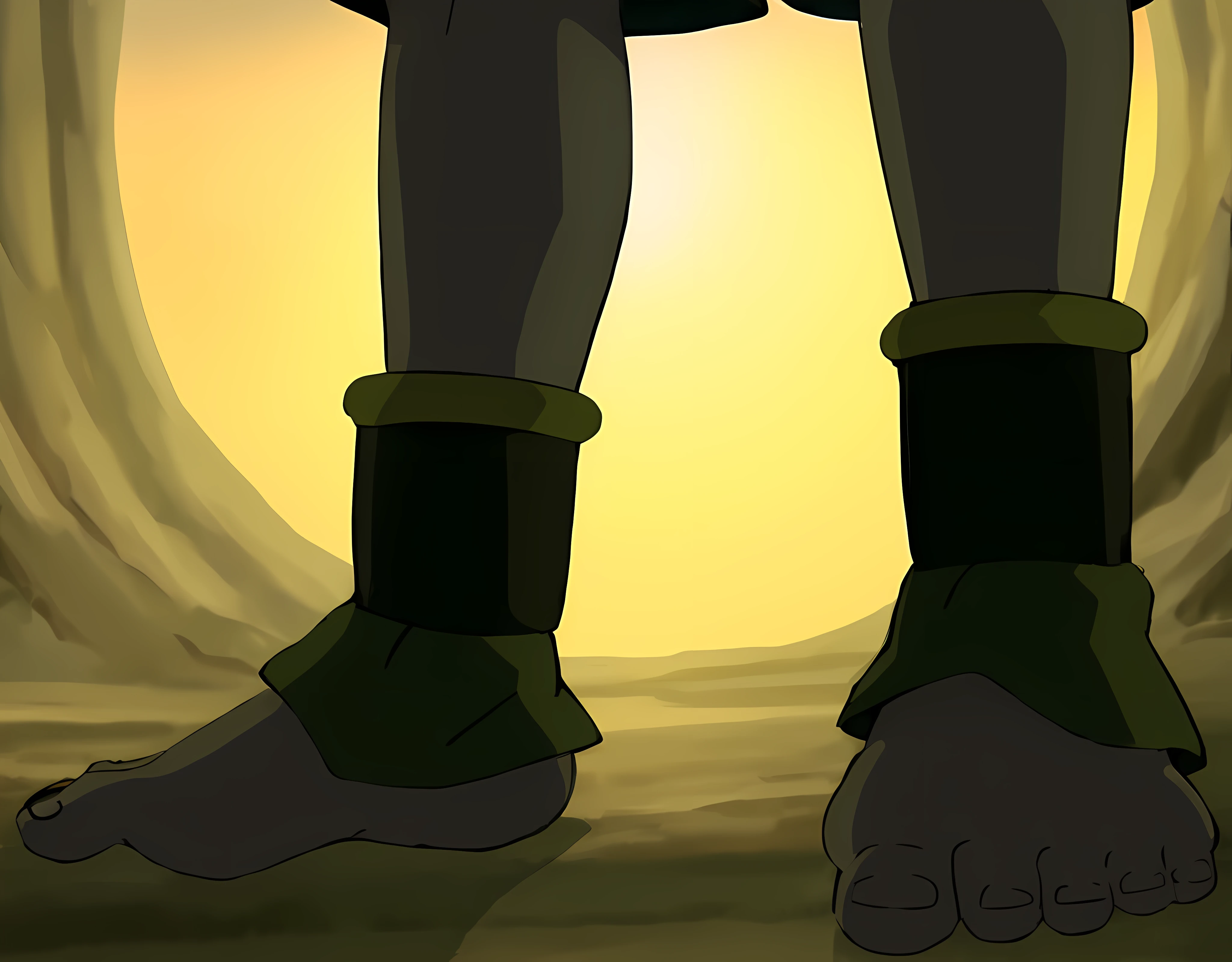 best quality,realistic,highres,ultra-detailed,physically-based rendering,sharp focus,HDR,vivid colors,masterpiece,colorful sunset,legend of korra setting,toph beifong, feet close-up,cloven feet and horns,green shoes,yellow background,avatar aang,detailed close foot shot