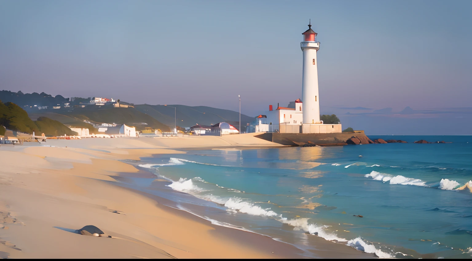 (masterpiece, best quality, 8k) background art, art station, landscape, lighthouse at the beach