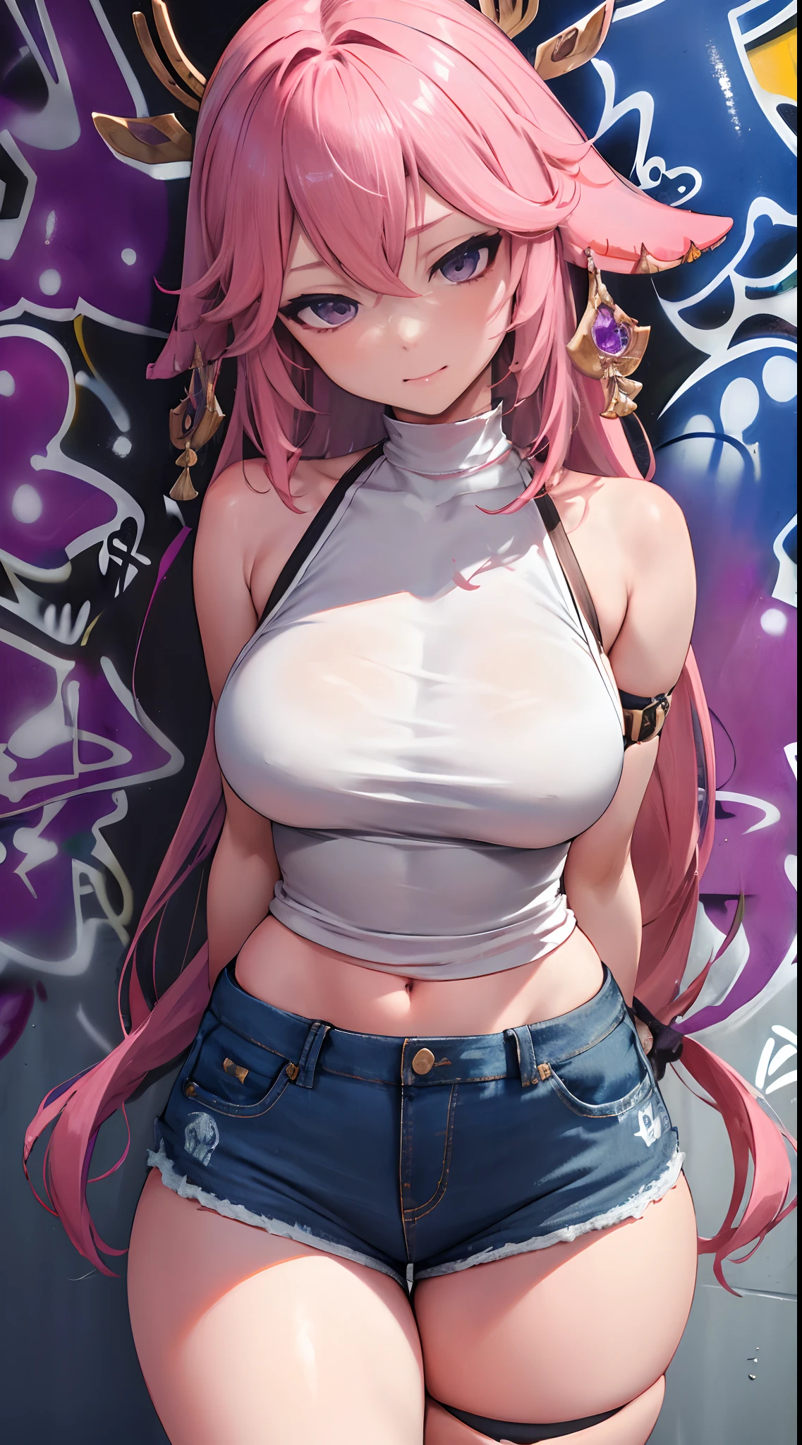 Yae Miko|genshin impact, master-piece, bestquality, 1girls,25 years old, shorts jeans, Beautiful breasts, bara, Long Jeans, (Graffiti:1.5), Splash with purple lightning pattern., arm behind back, against wall, View viewers from the front., Thigh strap, Head tilt, bored,