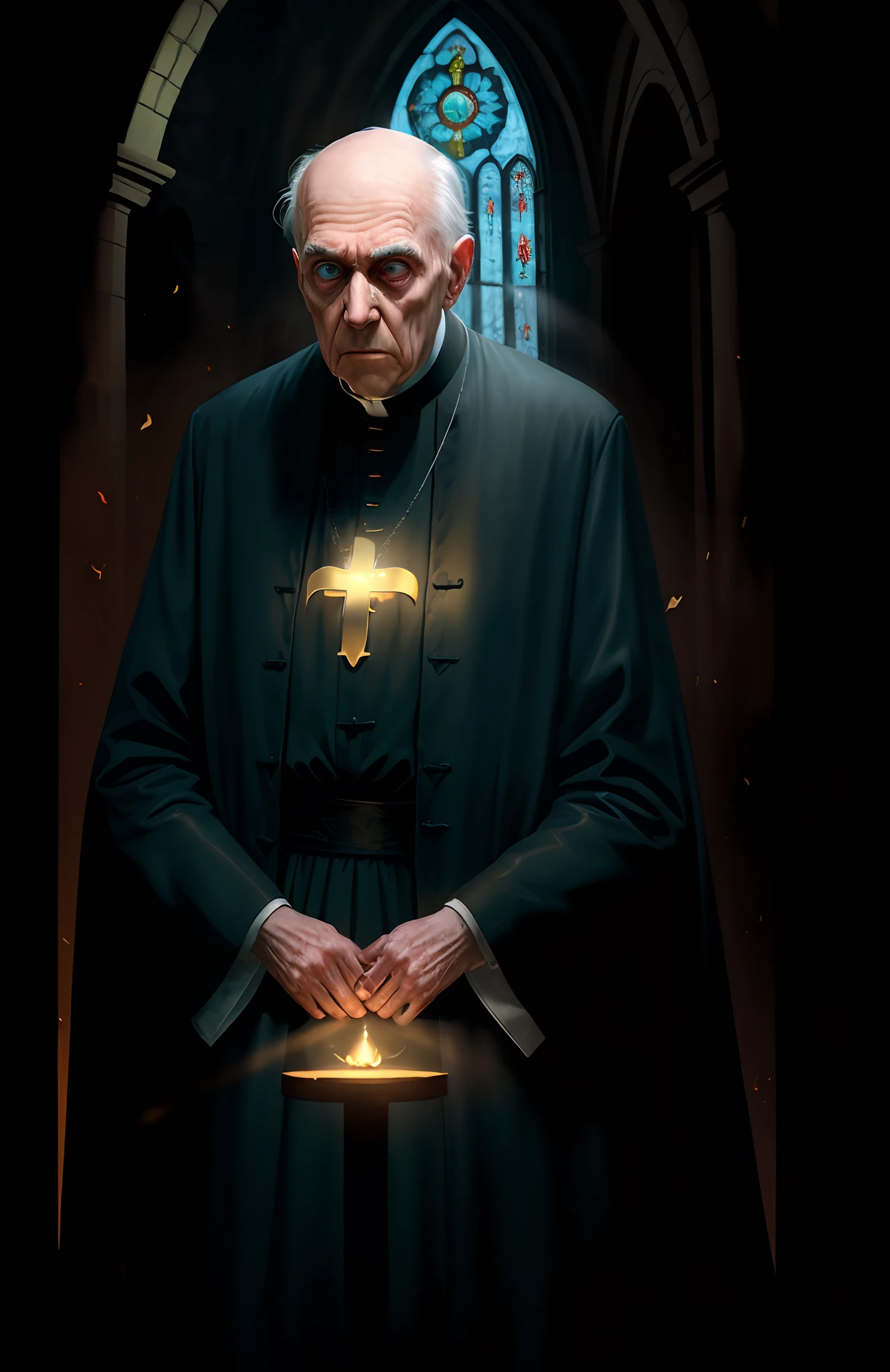Create the realistic image of a 70-year-old exorcist priest