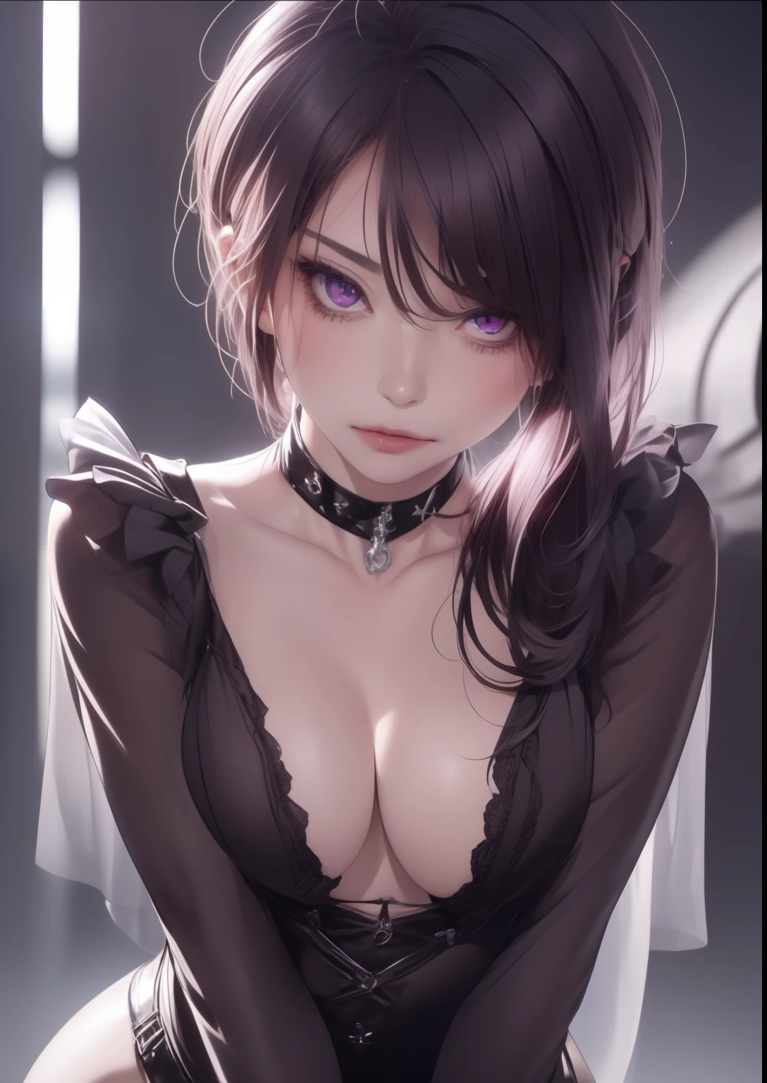 Realistic, Perfect Anatomy, Purple, eye make up, cowboy  shot、 Choker, Good Hand,4K, hight resolution, masutepiece, Best Quality, finely detailed skin, Sharp Focus, 鎖骨, Cinematic lighting [:(Detailed face:1.2):0.2], Big breasts, cleavage, shiny eyes, Looking at Viewer, ((Puffy eyes)),Gently hold the、Farachio sucking to the root、1boy,penises, Voljob,