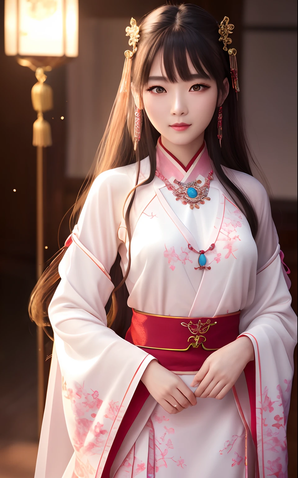 best quality, masterpiece, highres, wuxia 1girl,blush,(seductive smile:0.8),star-shaped pupils,china hanfu,hair ornament,necklace, jewelry,Beautiful face,upon_body, tyndall effect,photorealistic, dark studio, rim lighting, two tone lighting,(high detailed skin:1.2), 8k uhd, dslr, soft lighting, high quality, volumetric lighting, candid, Photograph, high resolution, 4k, 8k, Bokeh