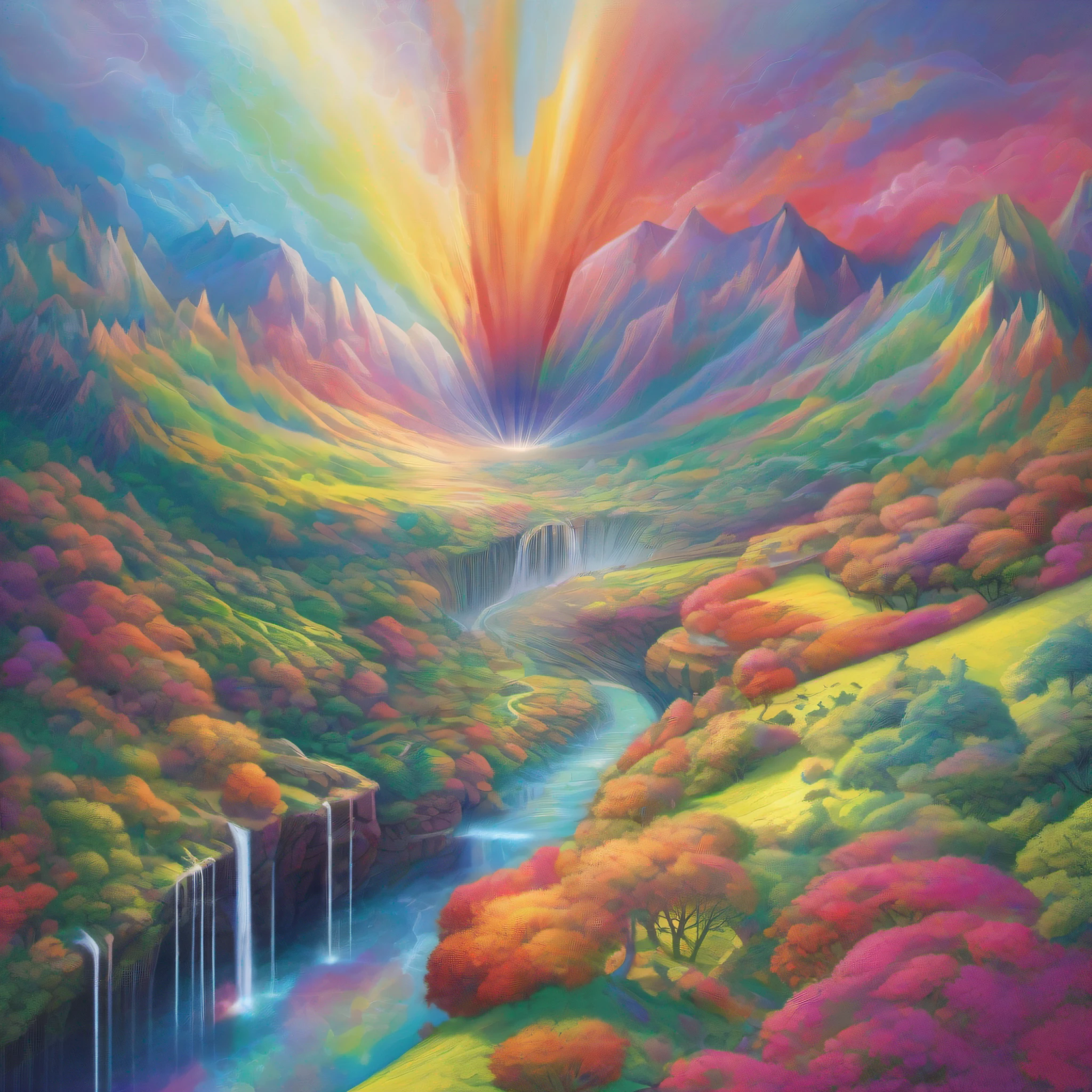 Radiant Resonance: A Meditative Rainbow Journey. A serene and vibrant landscape where light and consciousness intersect. As you gaze upon a majestic rainbow, allow its colors to resonate with your inner world, illuminating the depths of your being.