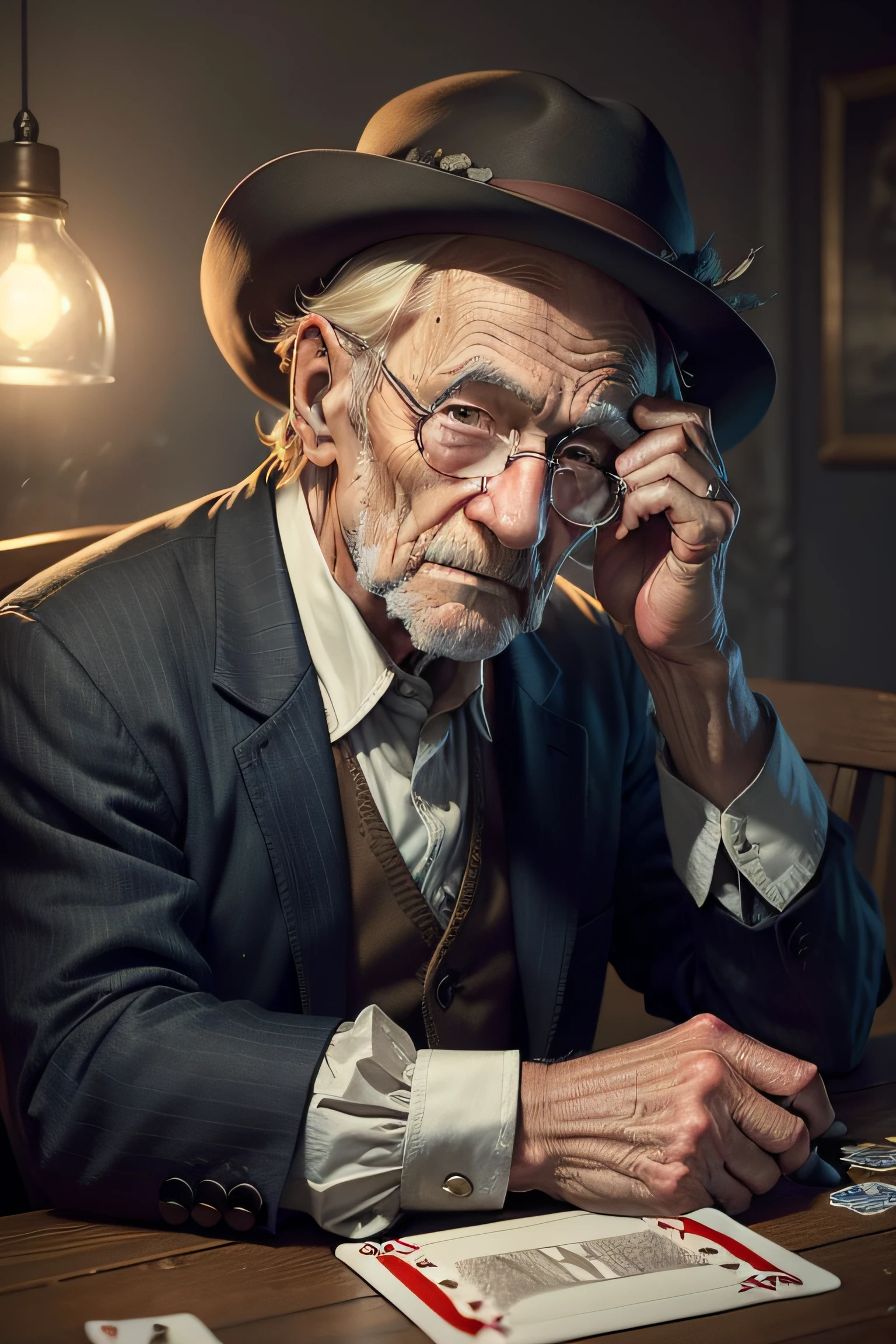 elderly man, wrinkled face, hat, calloused hands, sitting at a table, with glass and bottle of wine, deck of cards, dark and smoky environment. in the style of Van Gogh