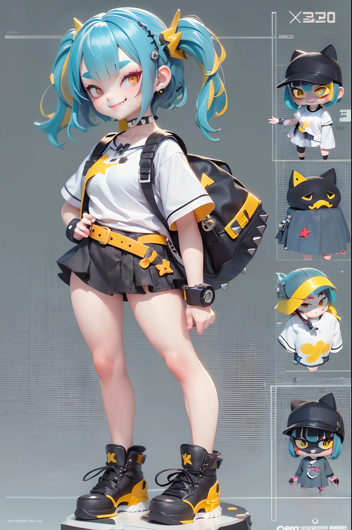 Cute  wrapped in clear plastic, Chibi, blue hair, ((Medium short hair)), ((messy Hair)), (Short hair), (((Unkempt hair))), ((big sized short twin tails)), ((diagonal bangs)), Yellow eyes, slant eyes, ((X-shaped pupils)), ((thick eyebrows)), fangs out, open mouth, (((Spiteful smile, smirk, fangs))), ((black short sleeve shirt)), black pleated short skirt, spike choker, spike leg ring, black shoes, yellow belt, huge breasts, Candy Color, Simple and light background, 3D toy, Cyberpunk style, cinema4d, Octane Render, 3Dmodel, Collectible toys,nendoroid,Street style,Pixar,Big shoes , fashion trend, close-up, Full Body - AR3:4 - q 2 50 - niji 5 - s 100 - expressive style --s 2