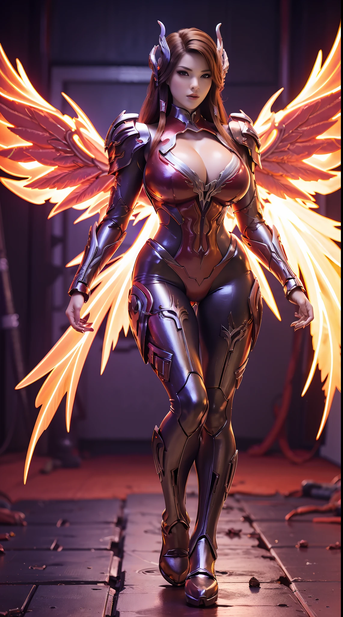 HUGE BOOBS, FIRE PHOENIX, MECHA ARMOR FULL SUIT, (CLEAVAGE), (A PAIR LARGEST WINGS), TRANSPARANT, TALL LEGS, STANDING, SEXY BODY, MUSCLE ABS.