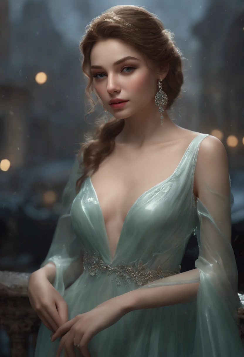 (Professional 3D rendering:1.3) of (Realistic:1.3) The most beautiful art in the world, Great place., Towering environment)), Full body 8k unity display, Action Shooter, skin pores, The light is very dark., Heavy Shading, Detailed, detailed face, (vibrant, photo-realistic, Realistic, breathtaking, dark, crisp focus, 10), (high-detail:1.4), digital painting, Octane display, art station, Concept Art, smooth, crisp focus, illustration, Nose Art, (loish:0.23), (Global Illumination, studio light, volumetric light), heavy rain, Particles float, ((Dark and ancient city background:1.3)),CGSesociety,Art Stations Random gestures, (An extremely delicate and beautiful work), (masterpiece), 1girls, Girl in shiny transparent dress, high-detail, Leaky waist, ponytail contorted, A charming expression, beautiful and clear eyes, green eye pupil, delicate necklace, delicate earrings, simple blurred background, extreme detail description, Beautiful, charming, ultra-fine painting, Subtle delicate face, Subtle shape, fine., Fine collarbones, Cute fine lips, Fine beautiful breasts, soft behind, mix4,(10, RAW photo, bestquality, masterpiece:1.2), (Realistic, photo-realistic:1.37),1girls,kawaii,city scape, nighttime, It's raining, wet, Professional lighting, photons mapping, radiosity, Physically Based Rendering,(Beautiful small hard:1.3),(Saw the head on the dress.:1.4),(glossy:1.5),(transparent:1.3),Blonde Hair.Full body