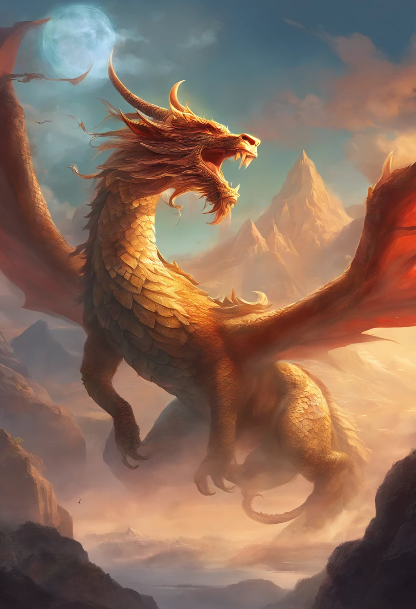 mont々Painting of a Chinese dragon circling between,With the dragon as the main background,There are clouds,There are mountains,Flying in the sky(Chinese Dragon:1.5),highly detailed fantasy art,hyperrealistic d & d fantasy art,hero, Artstation contest winner,- No wings,
