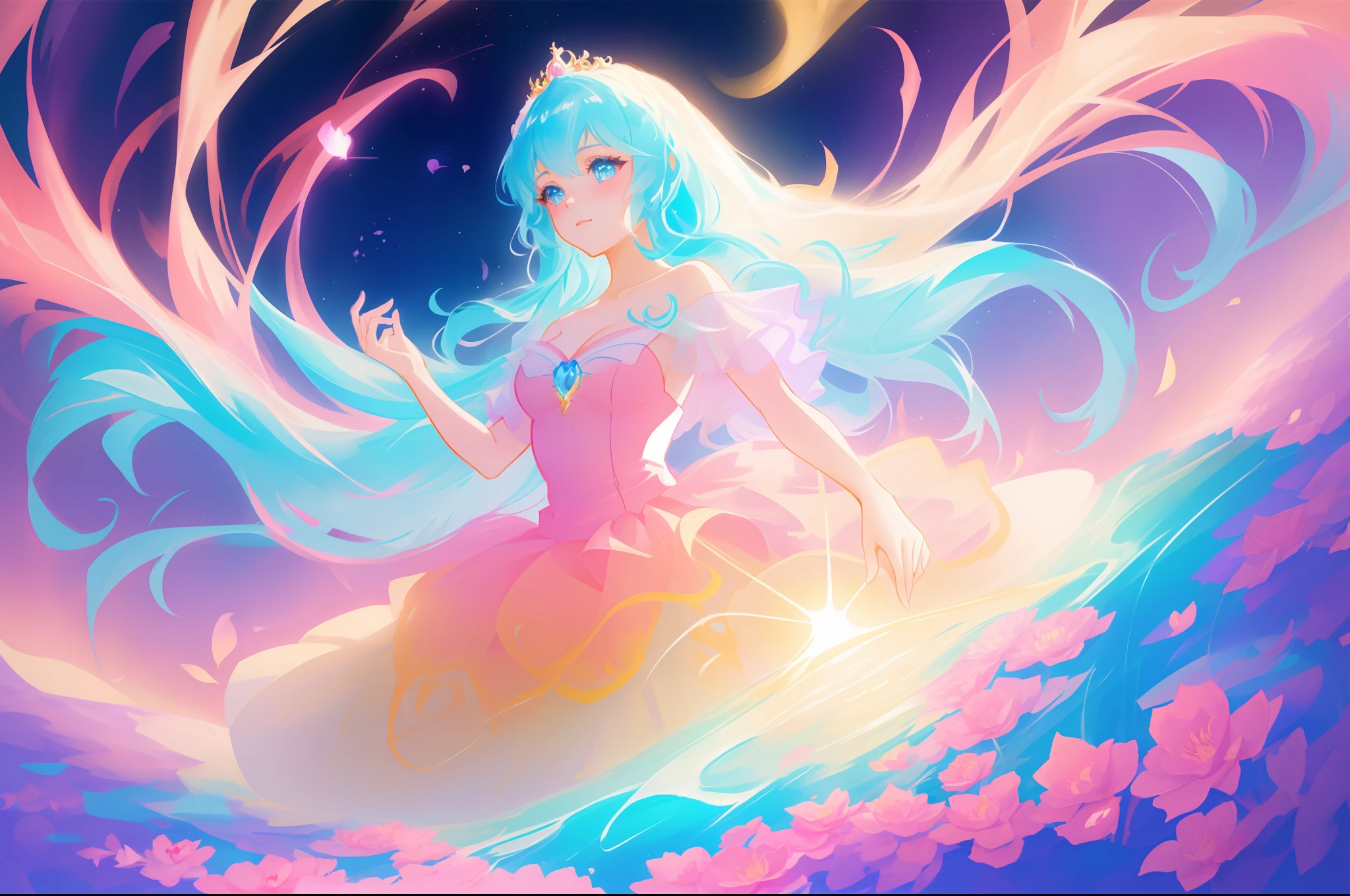 beautiful girl in flowing ballgown, inspired by Glen Keane, inspired by Lois van Baarle, disney art style, by Lois van Baarle, glowing aura around her, by Glen Keane, jen bartel, glowing lights! digital painting, flowing glowing hair, glowing flowing hair, beautiful digital illustration, fantasia otherworldly landscape plants flowers, beautiful, masterpiece, best quality, anime disney style