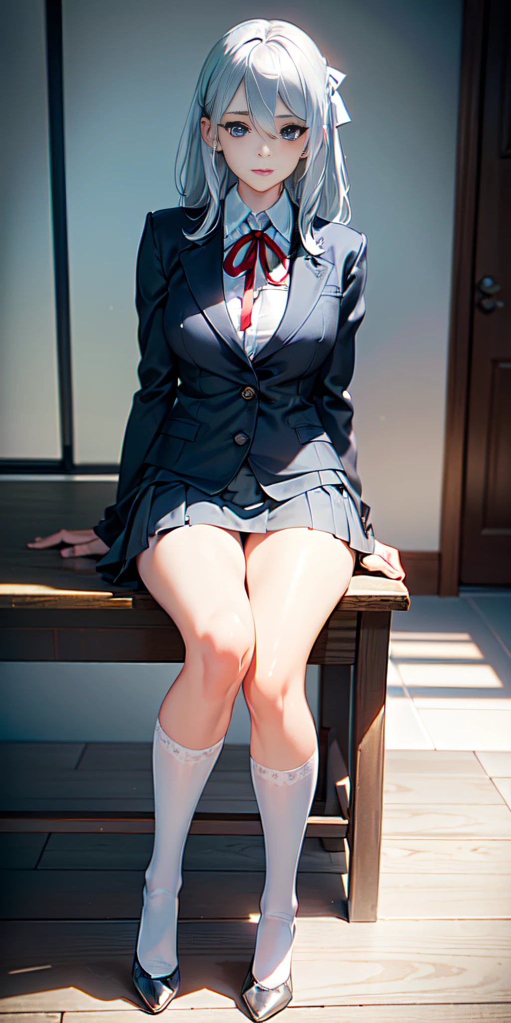 Random view, American shot, Real, realistic woman style, (Blue eyed Hungarian), 18 years old girl, ((gray blazer, ribbon, navy blue folded miniskirt, mid-thigh socks)), university classroom, beautiful detail in the eyes, (eye size: 3/4) light on the face, (((intricate details))), especially strong light, (upper eyes, shy smile), shiny skin, (((silver-white hair color) )), (medium thighs), ulzzang-6500-v1.1: 0.2, bashful, (Flash: 1.2), NSFW, ((seductive pose: 1.3, attractiveness: 1.3)), (sitting on desk), ((complexion slim and perfect body)), bright and refreshing classroom, Cute and symmetrical face, Natural side lighting, RAW photos, superior quality, masterpieces, High Definition RAW color photos professional close-up photos, (realistic, photorealism: 1.2), ( highest qualityr), (high contrast light shadows), (best illustrations), (erotic, sexy, ultra-high-resolution, HD Unified CG Wallpapers, Physical representation, movie lighting), Canon EOS R50 camera with 50mm lens
