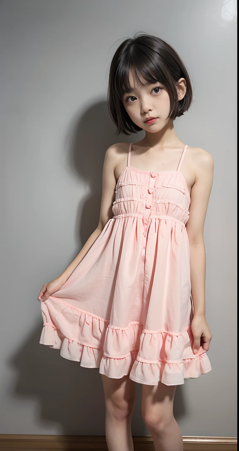 li, lo face, loli body, flat chest, standing, full body, short hair, short dress, pink summer dress, pink dress, pink nighty gown