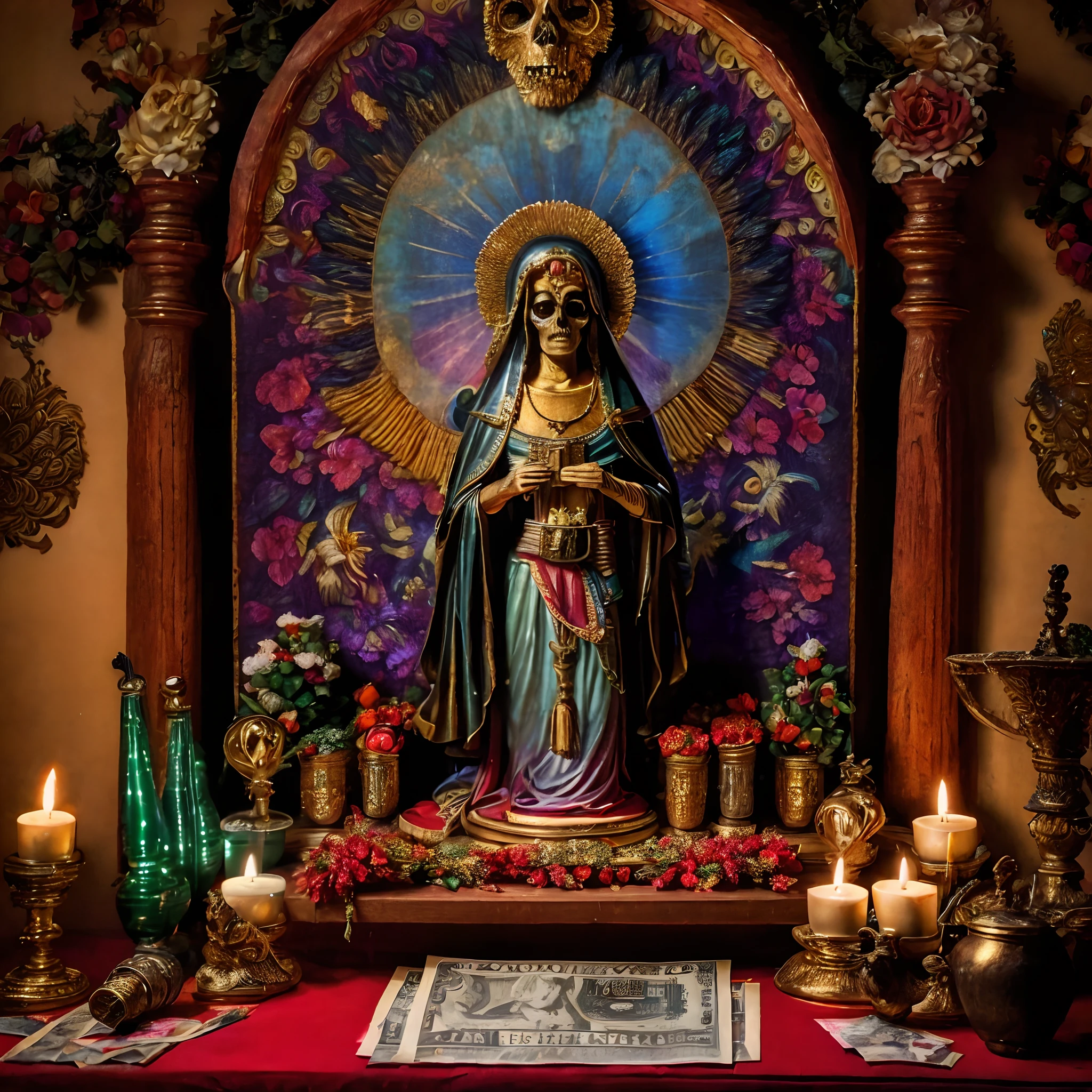 Altar de LA SANTA MUERTE en un buro de una casa típica mexicana de los 80's por la noche iluminado con veladoras de ofrenda Pesos mexicanos billetes de 500 pesos armas de fuego gloc