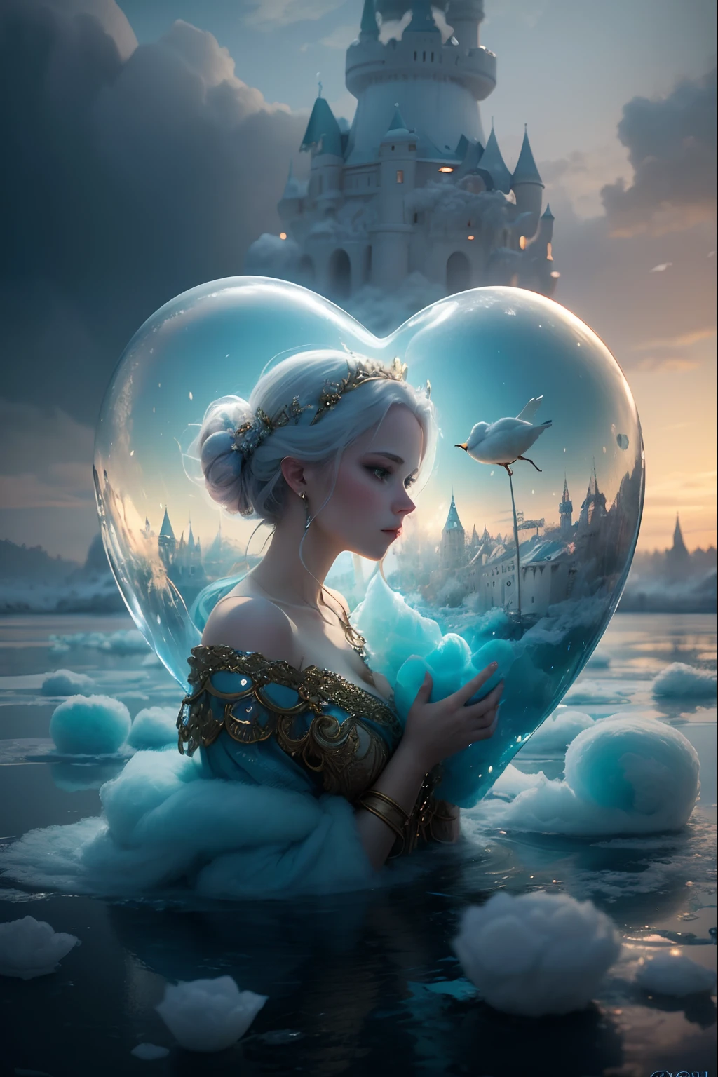 Cotton Candy Queen Women Goddess 8k Resolution Rendered Hyper Realistic Intricate Detail lives in an frosty heart shaped ice bubble, a fanciful place filled with castles, cotton candy, swans lakes and fluffy clouds, An intricate visual representation of computer programing, rendered in 24k resolution with intricate details and symbols.