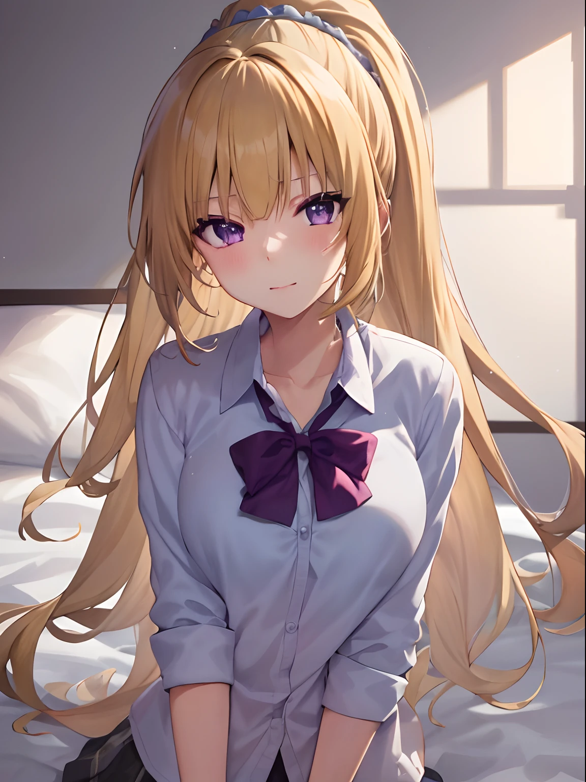 Best quality, 8k, in bed, yellow hair, purple eyes, white shirt and no bra, anime visual of a cute girl, cute expressive face, still from anime, hard breast, lustful face