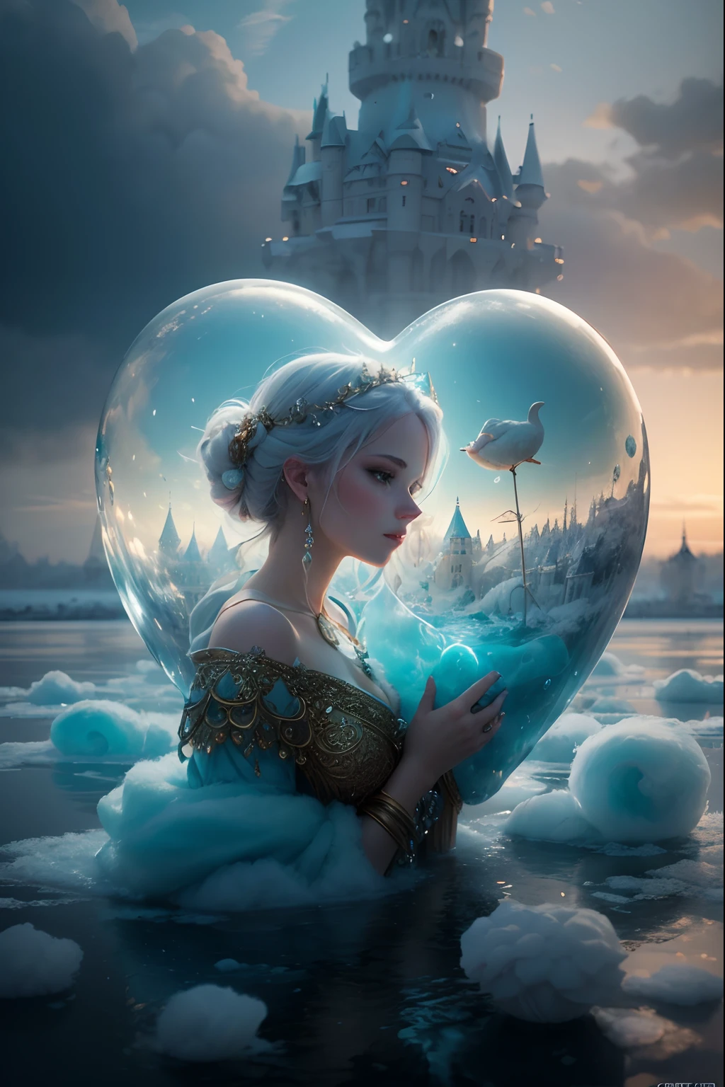 Cotton Candy Queen Women Goddess 8k Resolution Rendered Hyper Realistic Intricate Detail lives in an frosty heart shaped ice bubble, a fanciful place filled with castles, cotton candy, swans lakes and fluffy clouds, An intricate visual representation of computer programing, rendered in 24k resolution with intricate details and symbols.