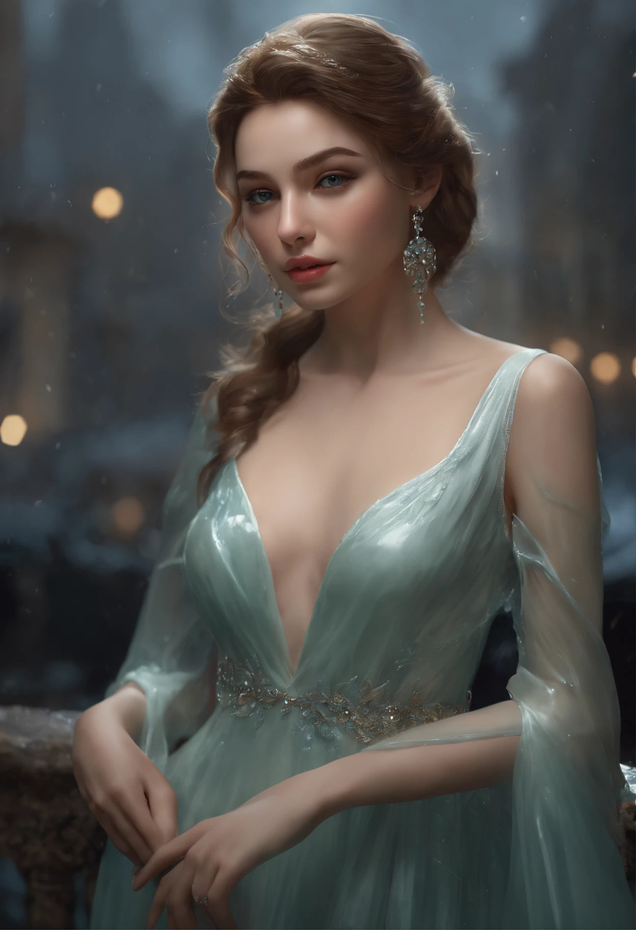 (Professional 3D rendering:1.3) of (Realistic:1.3) The most beautiful art in the world, Great place., Towering environment)), Full body 8k unity display, Action Shooter, skin pores, The light is very dark., Heavy Shading, Detailed, detailed face, (vibrant, photo-realistic, Realistic, breathtaking, dark, crisp focus, 10), (high-detail:1.4), digital painting, Octane display, art station, Concept Art, smooth, crisp focus, illustration, Nose Art, (loish:0.23), (Global Illumination, studio light, volumetric light), heavy rain, Particles float, ((Dark and ancient city background:1.3)),CGSesociety,Art Stations Random gestures, (An extremely delicate and beautiful work), (masterpiece), 1girls, Girl in shiny transparent dress, high-detail, Leaky waist, ponytail contorted, A charming expression, beautiful and clear eyes, green eye pupil, delicate necklace, delicate earrings, simple blurred background, extreme detail description, Beautiful, charming, ultra-fine painting, Subtle delicate face, Subtle shape, fine., Fine collarbones, Cute fine lips, Fine beautiful breasts, soft behind, mix4,(10, RAW photo, bestquality, masterpiece:1.2), (Realistic, photo-realistic:1.37),1girls,kawaii,city scape, nighttime, It's raining, wet, Professional lighting, photons mapping, radiosity, Physically Based Rendering,(Beautiful small hard:1.3),(Saw the head  on the dress.:1.4),(glossy:1.5),(transparent:1.3),Blonde Hair.Full body