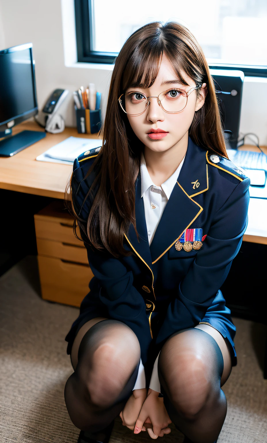ulzzang-6500-v1.1, (raw photo:1.2), (photorealistic:1.4), beautiful detailed girl, very detailed eyes and face, beautiful detailed eyes, absurd, incredibly ridiculous, huge file size, super detailed, high resolution, very detailed, best quality, masterpiece, kemomimi, ((office lady's uniform)), illustration, very detailed, CG, Unity, 8k wallpaper, amazing, fine details, masterpiece, best quality, very detailed CG uniform 8k wallpaper, face light, movie lighting, 1girl, , (without panties)), (with glasses), ((dynamic pose)), (camel toe), (half), (pantyhose), (pantyhose and legs)), ((knee-bending and leg-holding))