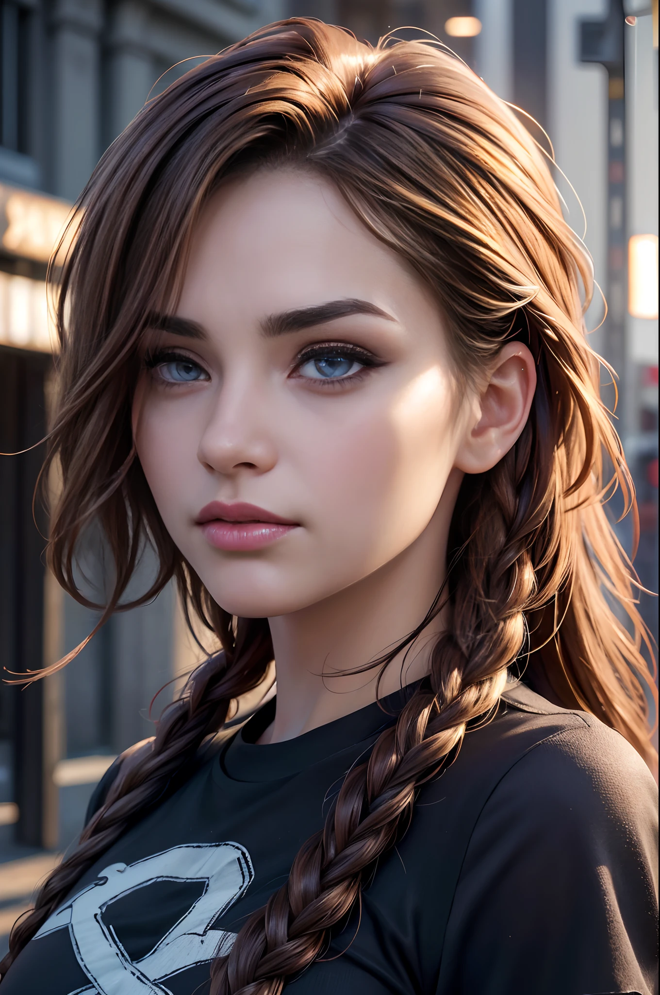 (masterpiece), (best quality), (ultra-detailed), ((masterpiece)), (((best quality))), ((ultra detail)), UHD, 8K, (((high definition))), ((illustration)), ((extremely realistic)), ( reflections), sharp focus, front lighting, intense shadows, ((beautiful extremely detailed eyes)), eyelashes, (extremely delicate and beautiful punk girl), ((brown eye color)), wavy blond hair, (t-shirt style punk), long hair, ((extremely detailed eyes)), medium chest, shiny skin, damp skin, sweaty skin, cinematic lighting mask, ray tracing, depth of field, dynamic angle, looking at viewer, ((urban background)), (difficulty 1.4), ((macro, shooting, detail, face, eyes, nose, lips, eyebrows)), ((extremely detailed and realistic skin texture)), ((extremely detailed and realistic eye texture)), ((extremely detailed and realistic finger texture)), ((extremely detailed and realistic clothes)).