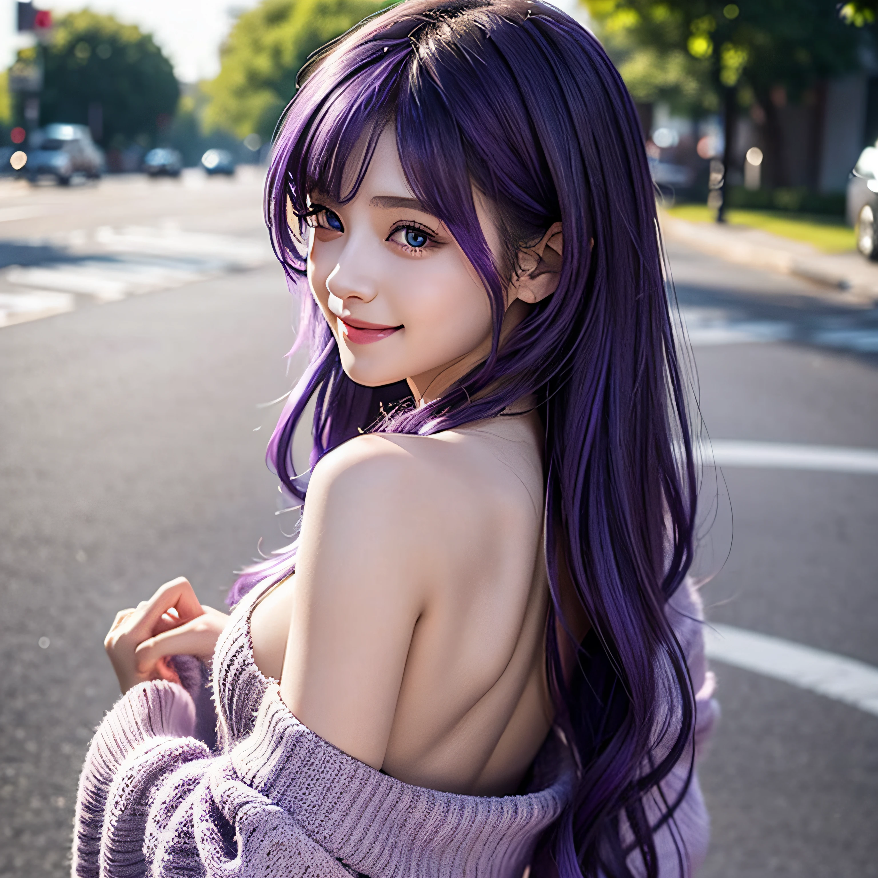 Best Quality, High quality, Cute little girl s, Solo, Beautiful purple hair, Beautiful purple eyes, lightsmile, Naked and changing clothes、Images from behind、