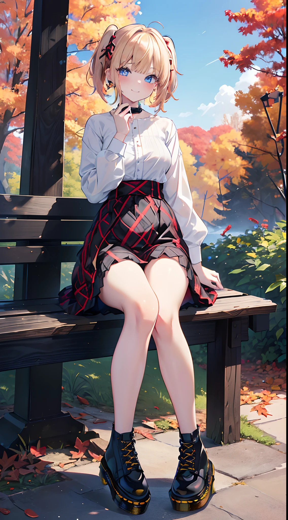 absurderes, ultra-detailliert,bright colour, extremely beautiful detailed anime face and eyes,;D,(White open collar shirt:1.3),shiny_skin,25 years old, Short hair, asymmetrical bangs, Blonde hair with short twin tails, Shiny hair, Delicate beautiful face, red blush、(Deep Blue Eyes:1.3), White skin, hair clips,,Beautiful and perfect legs, Clean and perfect hands,Maple Forest、sit on a bench,(looking distantly:1.3)、(Red and black plaid long skirt:1.5), Happy smile、I closed one eye、Slender body、(Blue sky in autumn:1.2)、(sun light)、a choker、(Dr. Martens:1.5),wrist watch