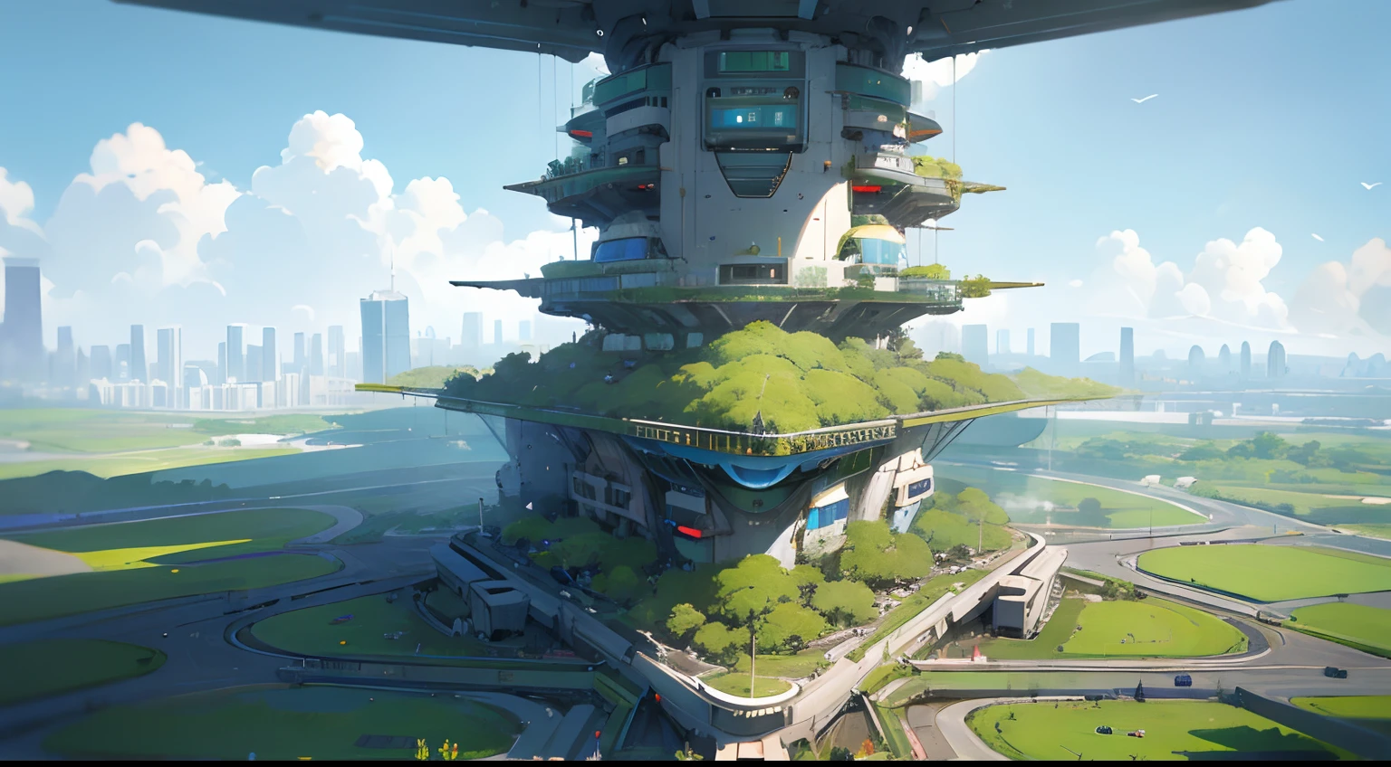 future city, green city, futuristic vibes, cities mix with nature, background illustration, artstation, day, masterpiece, best quality, anime art style, eye level, still, depth of field,