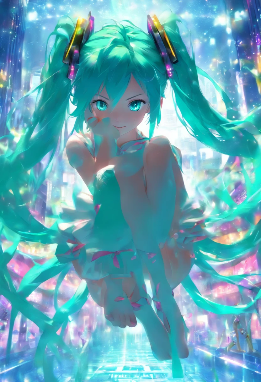 miku hatsune、barechested、opening legs