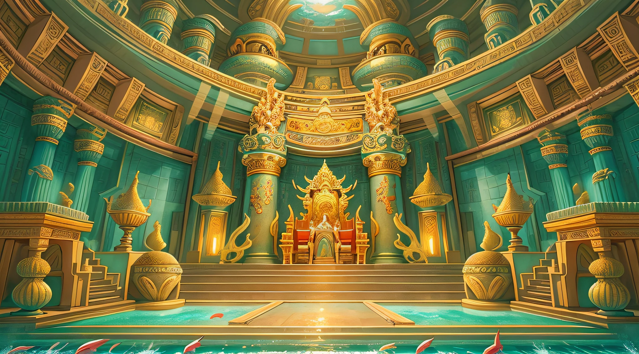 There is a cartoon of a throne,There is a swimming pool in the middle, Temple background, background depicting a temple, light kingdom backdrop, atlantis background, Undersea temple, palace background, mysterious temple setting, background art deco palace, Underwater temple with fish, Throne Room, water temple, Glowing throne, Golden throne, a mystical temple, cathedral background, underwater temple