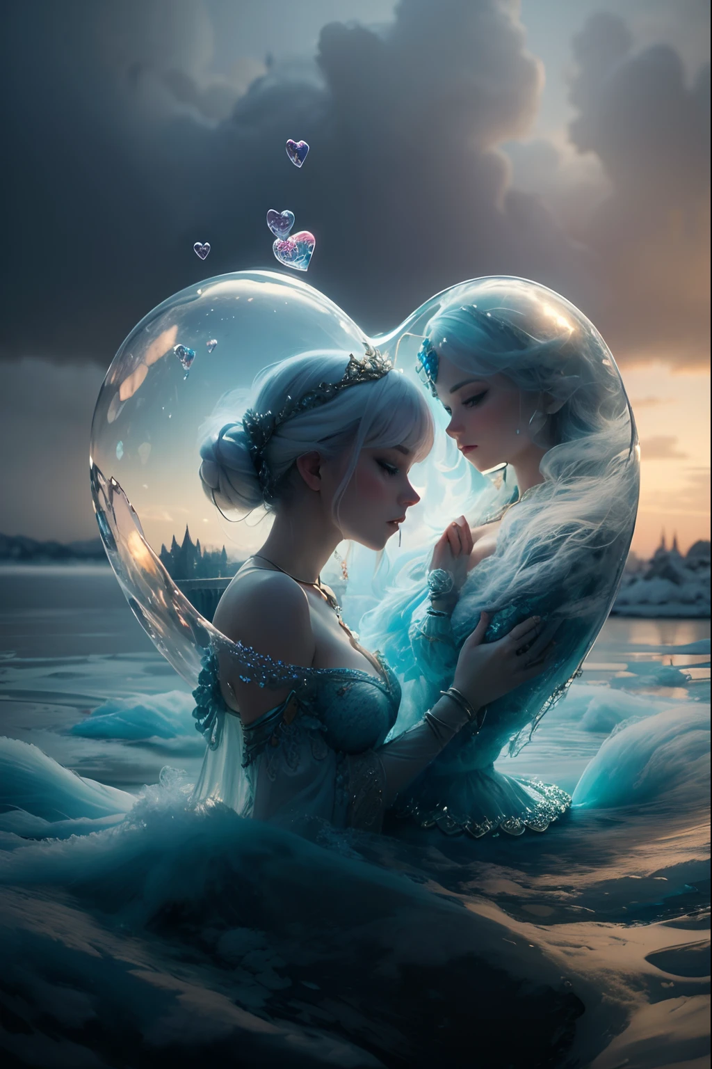 Cotton Candy Queen Women Goddess 8k Resolution Rendered Hyper Realistic Intricate Detail lives in an frosty heart shaped ice bubble, a fanciful place filled with castles, cotton candy, swans lakes and fluffy clouds, An intricate visual representation of computer programing, rendered in 24k resolution with intricate details and symbols.