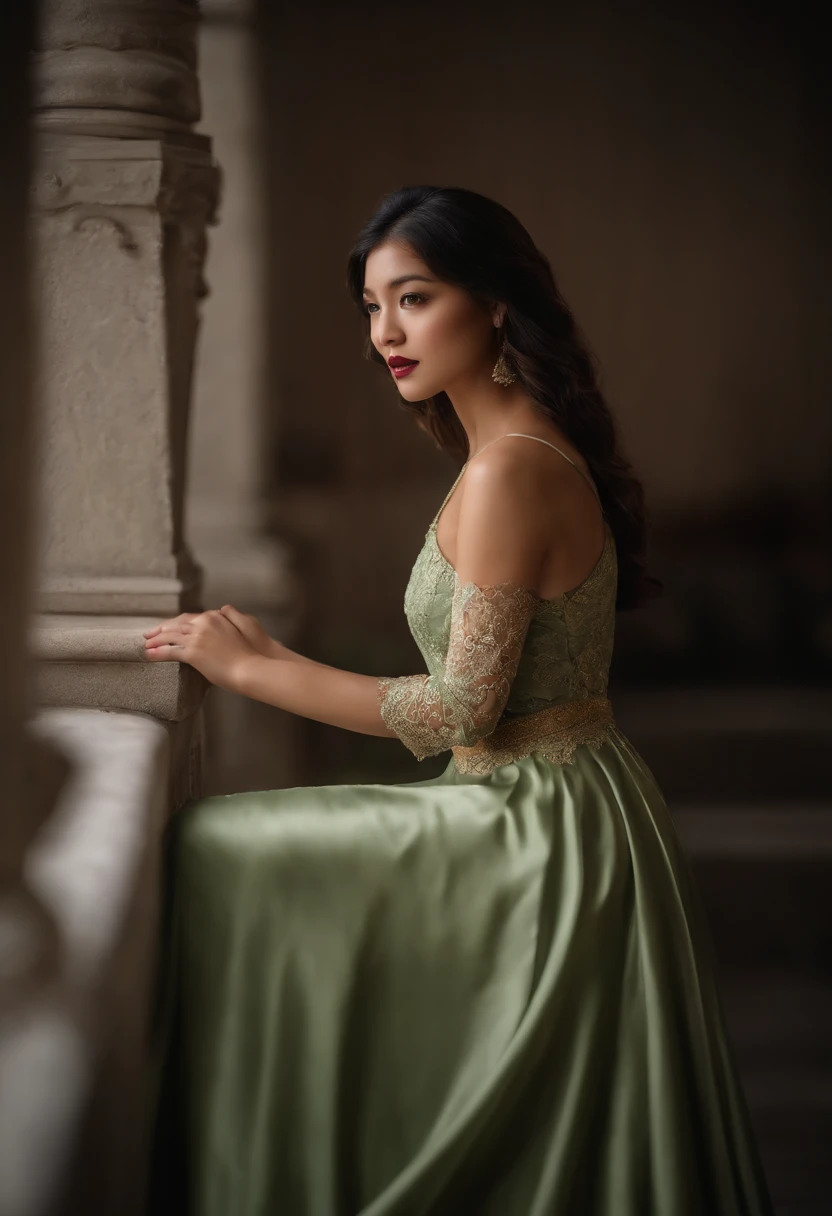 Punto de vista de cerca , Mujer asiatica con piel blanca, Cabello corto rizado , ojos verdes, Vestido ajustado de traje rojo y dorado, escote, hombros desnudos, Abertura en la falda, Thigh-length lace pattern, (good angle, facing toward camera, escote, ombligo, 4k, fondo, catacumbas y cruces , cementerio sucio y misterioso