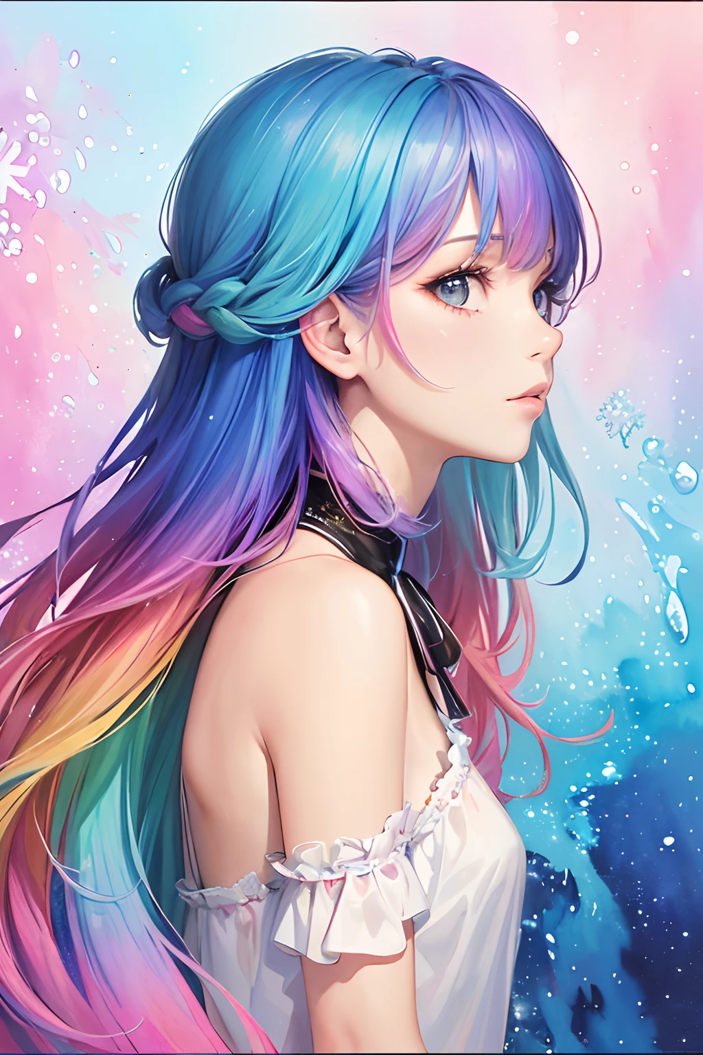 (masterpiece, top quality, best quality,watercolor (medium),official art, beautiful and aesthetic:1.2),(1girl:1.3), (fractal art:1.3),upper body, from side, looking at viewer,patterns,(rainbow color Hair,colorful hair,half blue and half pink hair:1.2),water,liquid, cloud,colorful, starry,stars, nsfw,
