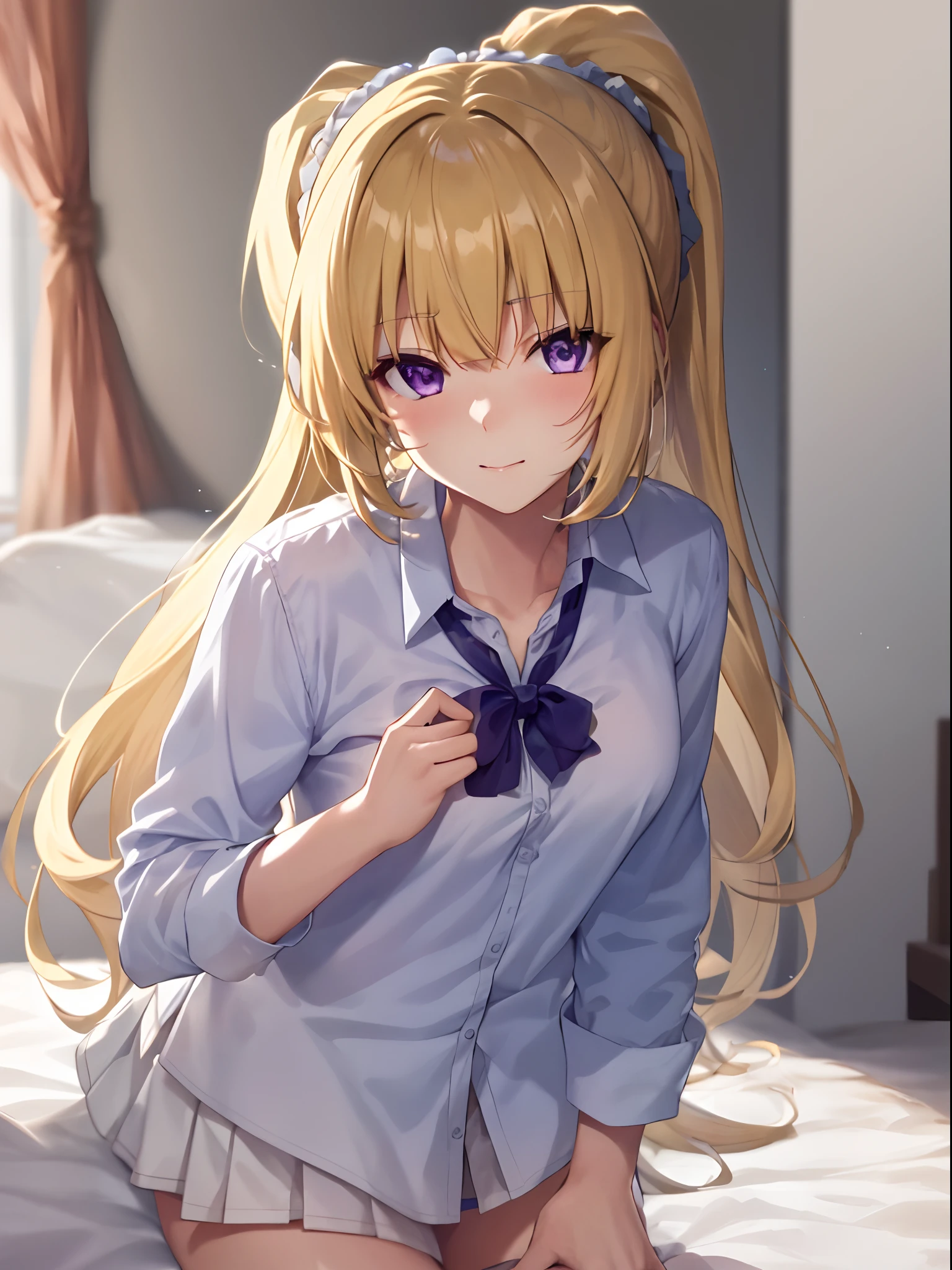 Best quality, 8k, in bed, yellow hair, purple eyes, white shirt and no bra, anime visual of a cute girl, cute expressive face, still from anime, hard breast, lustful face