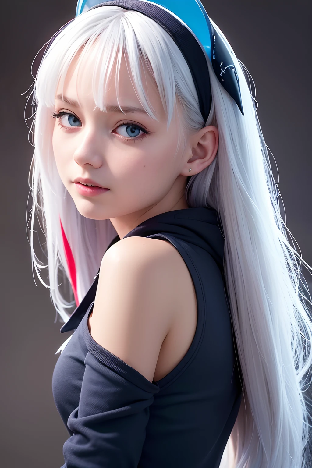 {best quality}, {{masterpiece}}, {highres}, extremely detailed CG, extremely detailed 8K wallpaper, extremely detailed character,{an extremely delicate and beautiful portrait}, (((portrait))), solo, sharp focus, dramatic angle, {{cinematiclighting}}, (photorealistic:2),{{{character({{{a girl}}}, {{{{{{loli}}}}}}, smile, opened mouth, beautiful detailed eyes, light blue eyes)}}}, ((12 years old)),highly detailed eyes, highly detailed face,small areola, (cowboy shot), 1 girl, solo, standing, studio background, (black background), gawr gura, gura, shark girl, tail, shark tail, sharp teeth, white hair, multicolored hair, petite, blue hoodie, hair ornament,