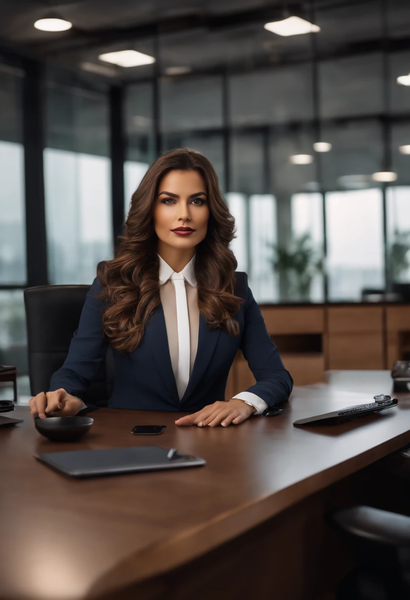 profissional, (Foto 4k:1.1), High detail, Mulher Latina, Wear business clothes, Rosto bonito e detalhado, cabelos castanhos, not too long, Forma do corpo, Office meeting room with desk