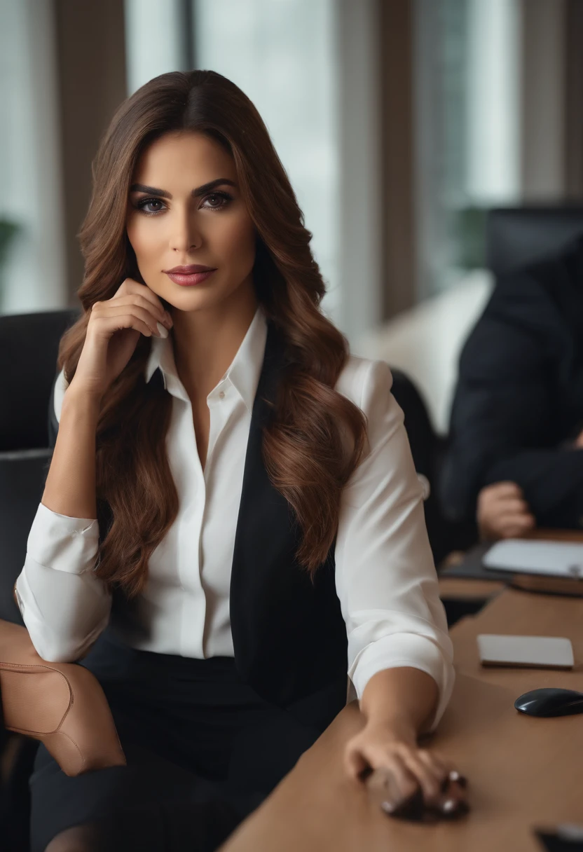 profissional, (Foto 4k:1.1), High detail, Mulher Latina, Wear business clothes, Rosto bonito e detalhado, cabelos castanhos, not too long, Forma do corpo, Office meeting room with desk