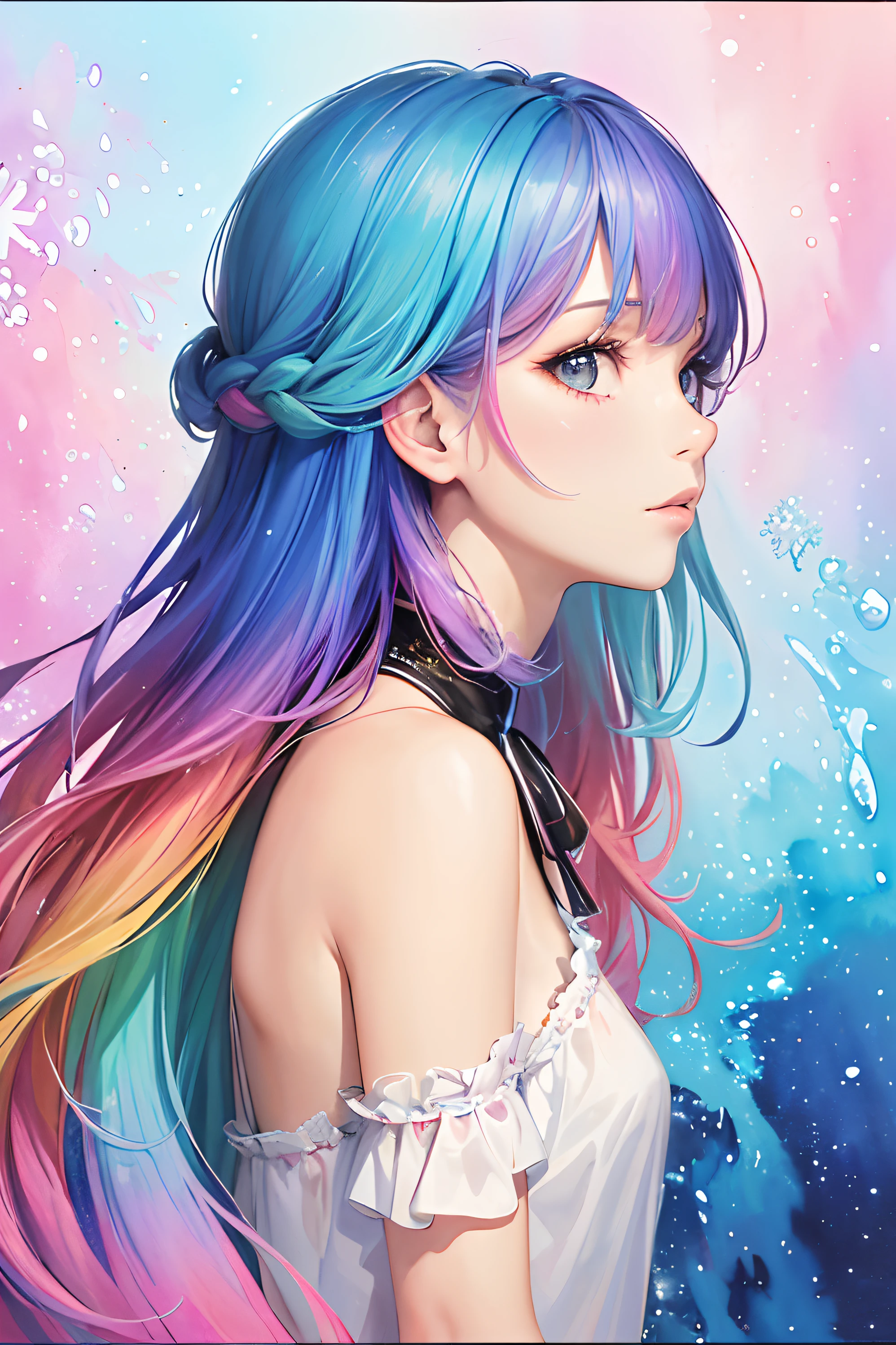 (masterpiece, top quality, best quality,watercolor (medium),official art, beautiful and aesthetic:1.2),(1girl:1.3), (fractal art:1.3),upper body, from side, looking at viewer,patterns,(rainbow color Hair,colorful hair,half blue and half pink hair:1.2),water,liquid, cloud,colorful, starry,stars, nsfw,