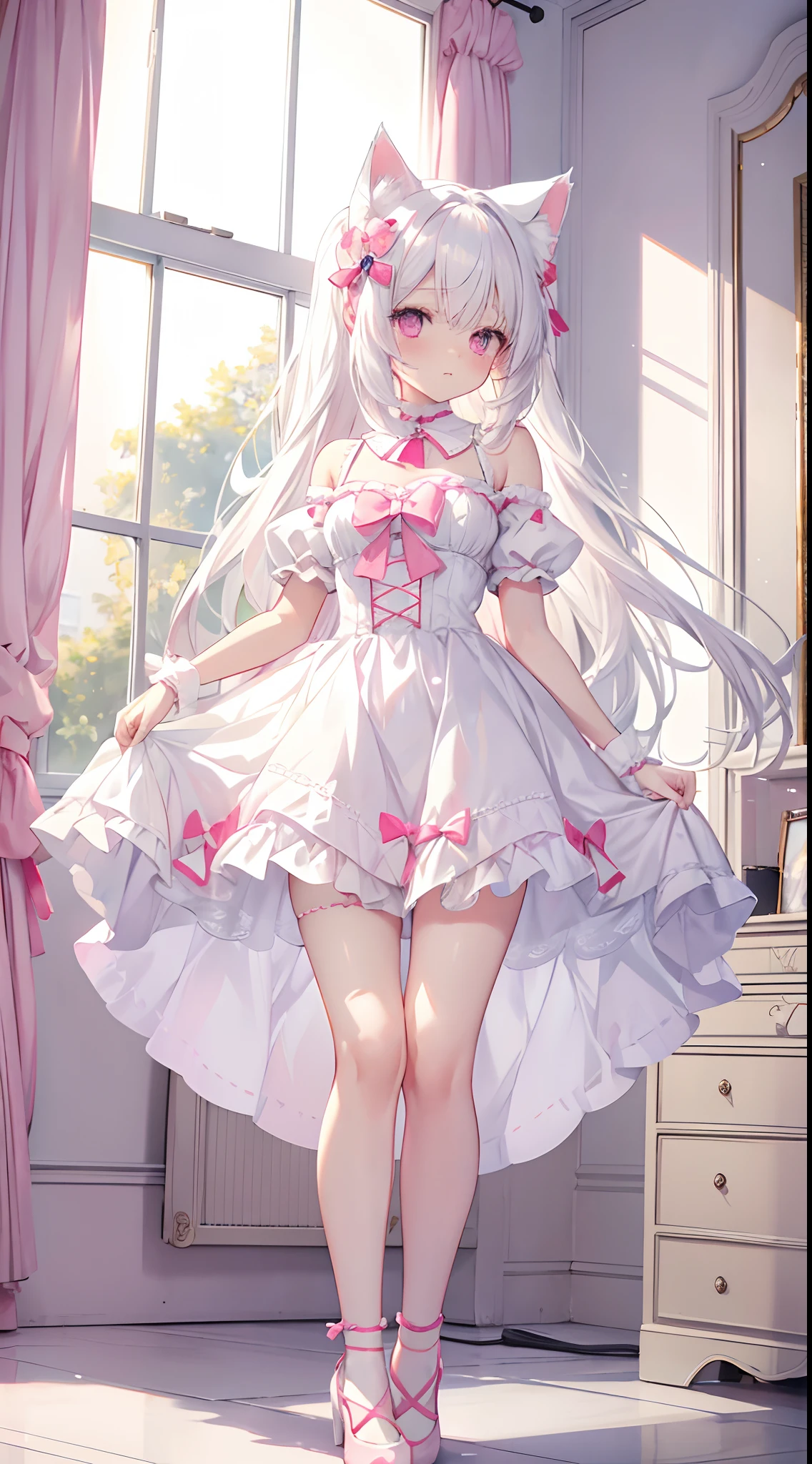 White hair，Cat's ears，Pink eyes，Light blue Lolita，white  panties，pink bows，inside in room,Beautiful and perfect legs, Clean and perfect hands