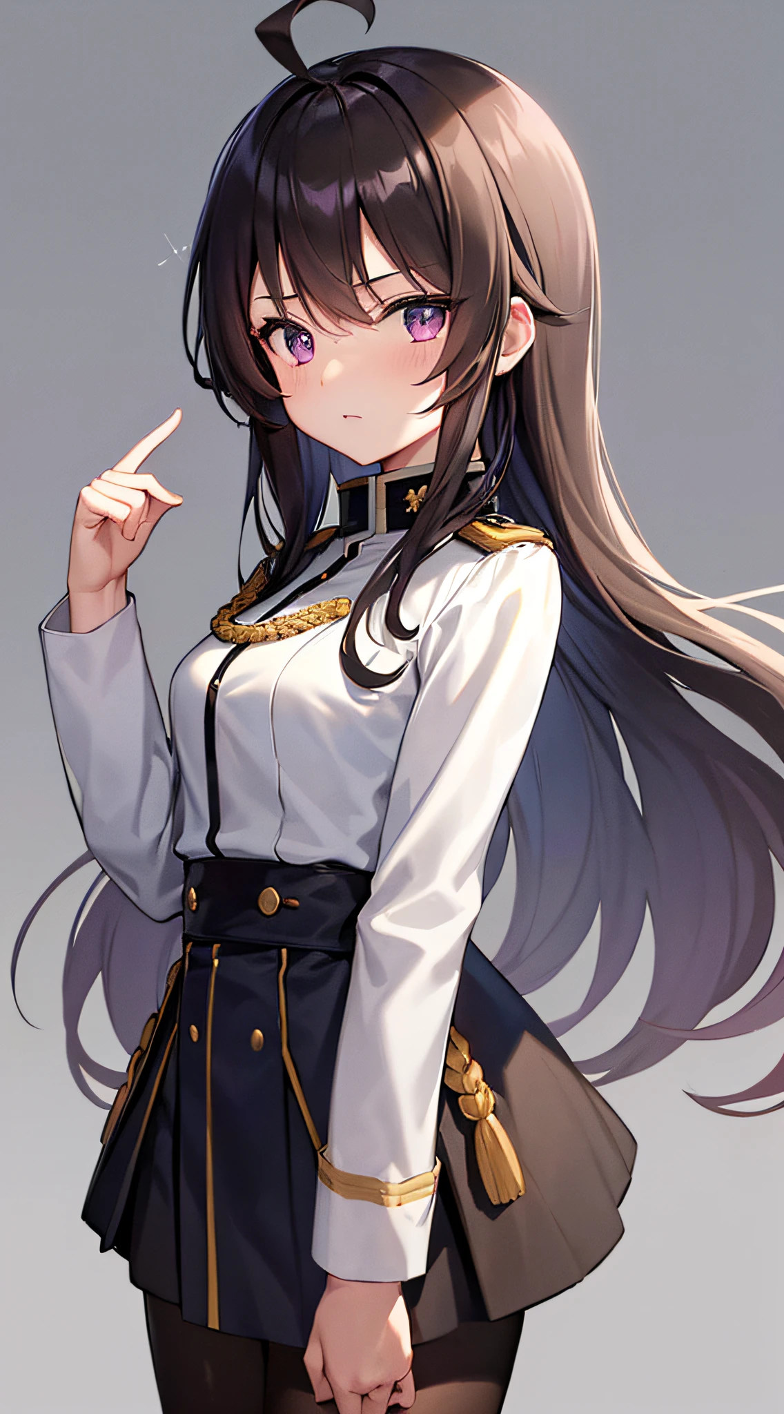 1girl, young girl, solo, a drawing of a young female military officer, (((loli))), ((short height)), breasts, (((waist-length long brown hair))), ((side parted front hair)), ((purple eyes)), shy expression, ((ahoge)), ((((black and dark blue military officer uniform)))), ((military uniform decorations)), ((((white colour background)))), (((no lighting))), no gradient background, (standing upright), (looking towards viewer), sci-fi, futuristic